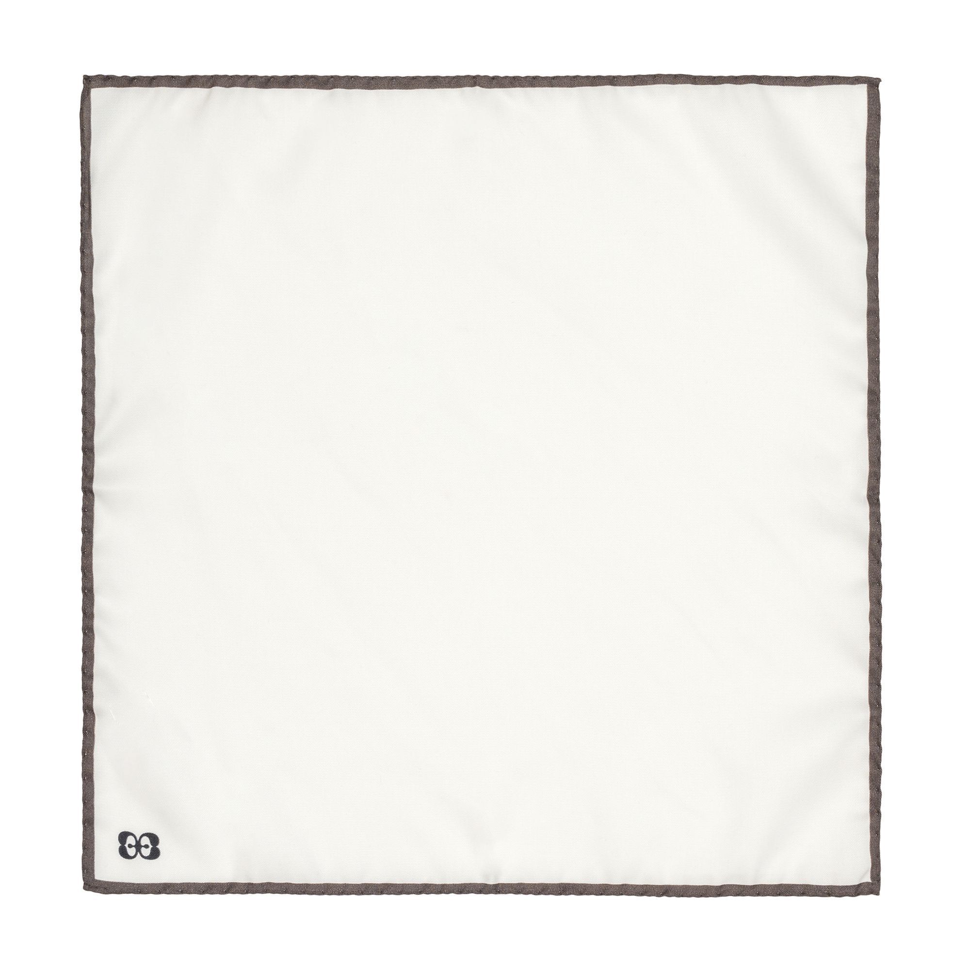 Ivory pocket square with taupe border and EE monogram by Elio Evan. Lyocell. Made in Italy.