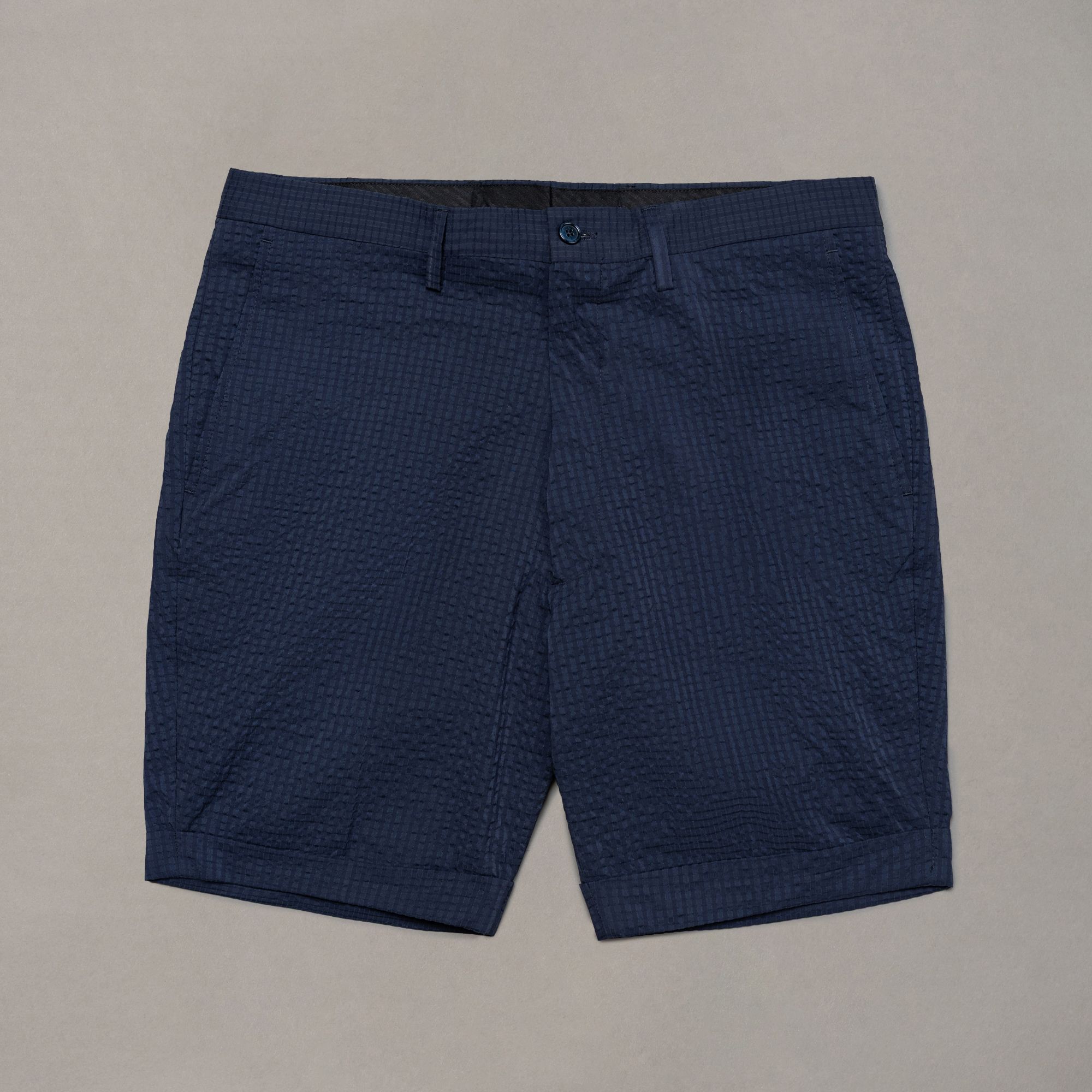 Elio Evan blue grid shorts — relaxed fit with single button fly