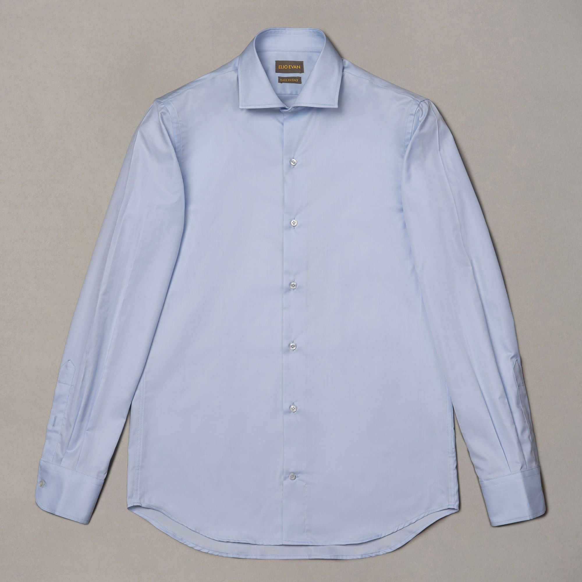 Sky blue Duke cotton shirt by Elio Evan with a semi-spread collar and white front buttons