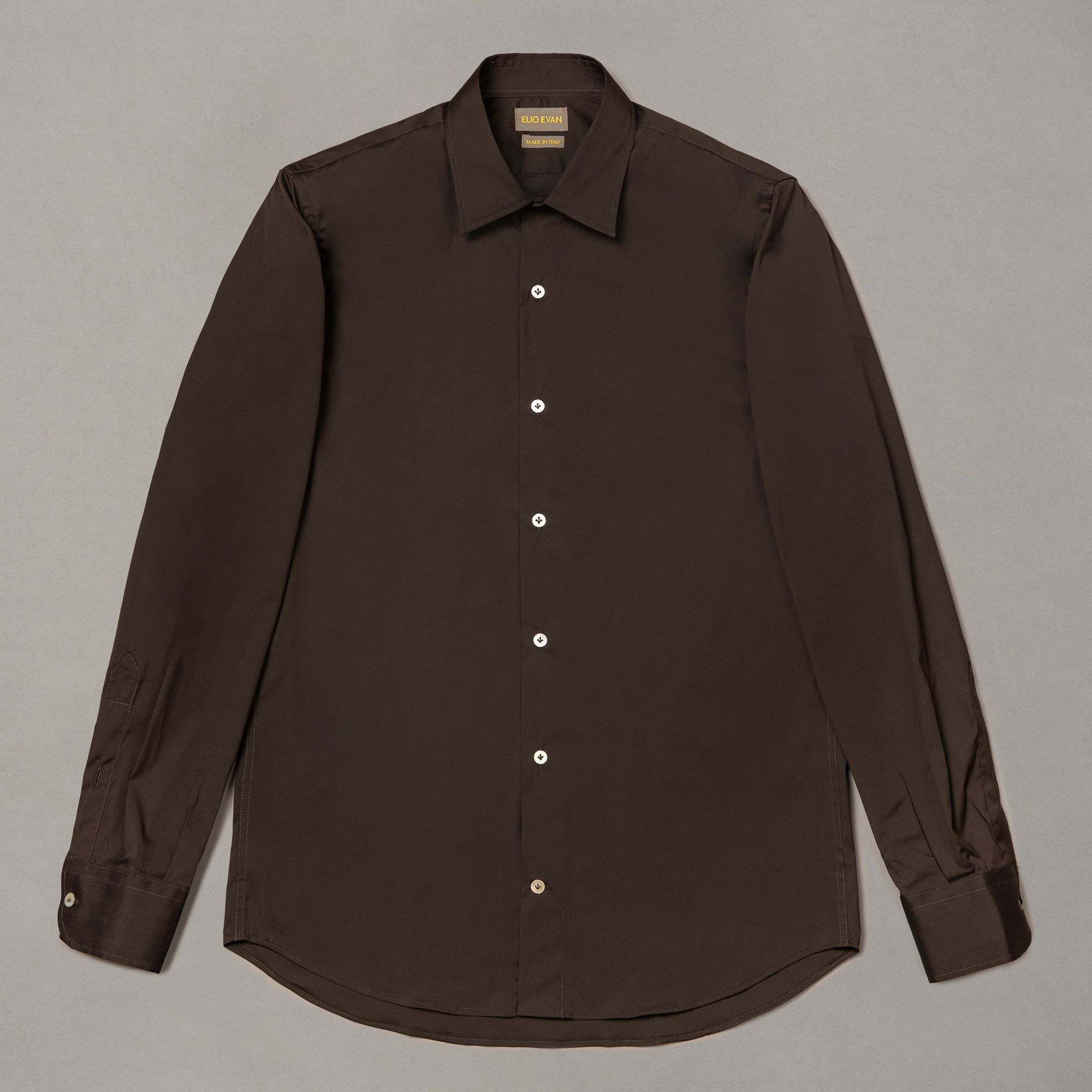 Brown cotton-nylon shirt by Elio Evan — softly rounded semi-pointed collar