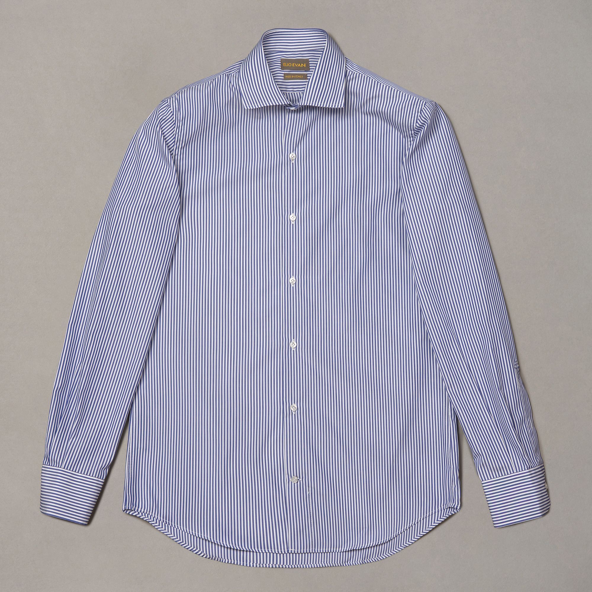 Blue striped cotton shirt by Elio Evan with a softly rounded semi-spread collar