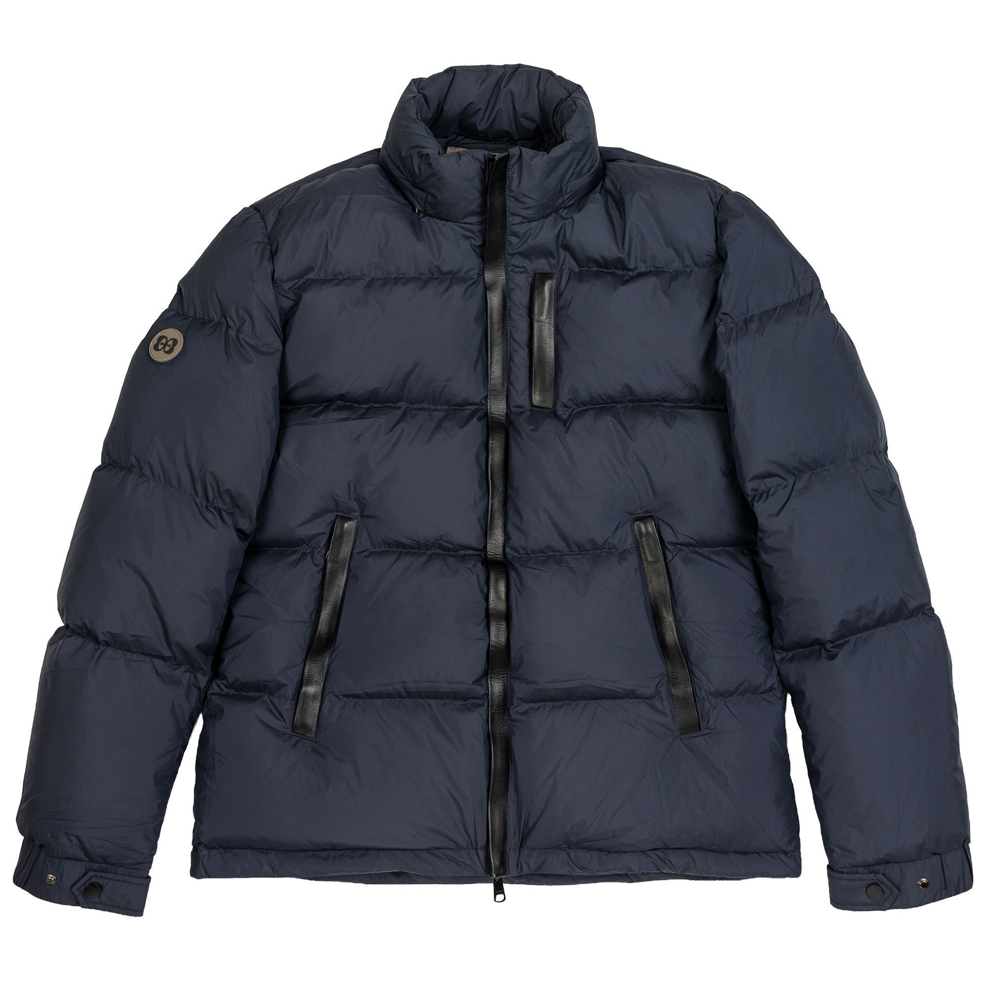 Men’s navy 90/10 down puffer with black leather trim and waterproof shell – Elio Evan Verbier.