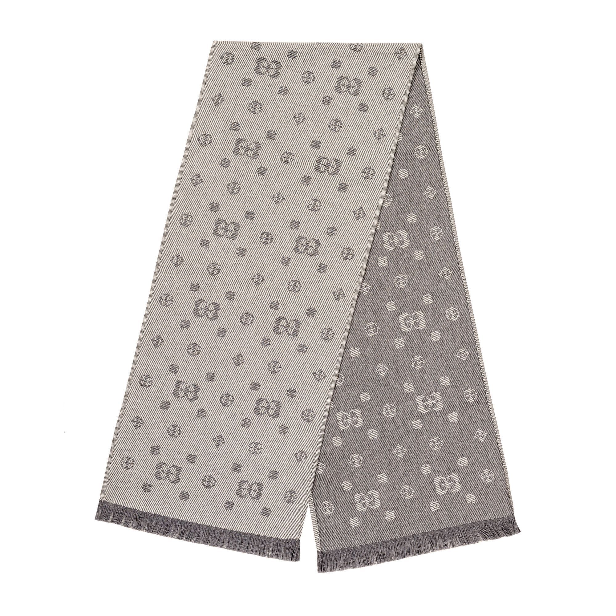 Elio Evan Men's Wool Scarf in cream and grey, featuring a double-faced design, jacquard weave, and fringed edges.