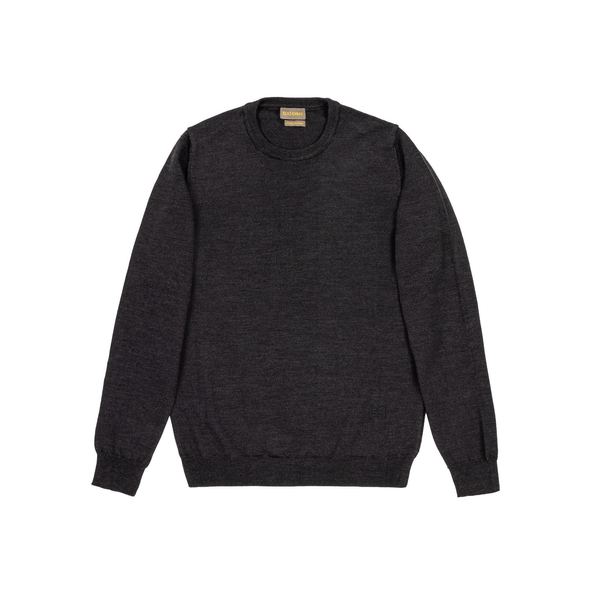 Men’s charcoal grey merino wool crewneck sweater with ribbed details and subtle 2E embroidery – Elio Evan.