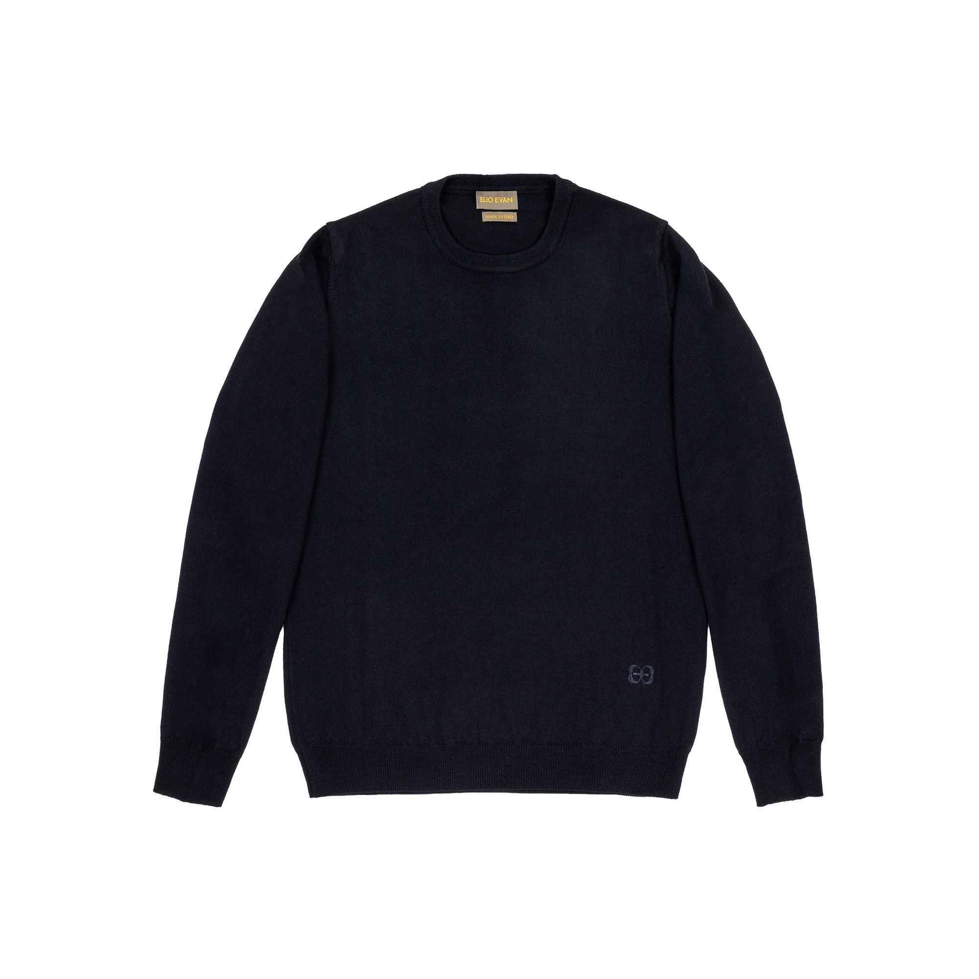 Men’s navy merino wool crewneck sweater with ribbed neckline and discreet 2E embroidery – Elio Evan.