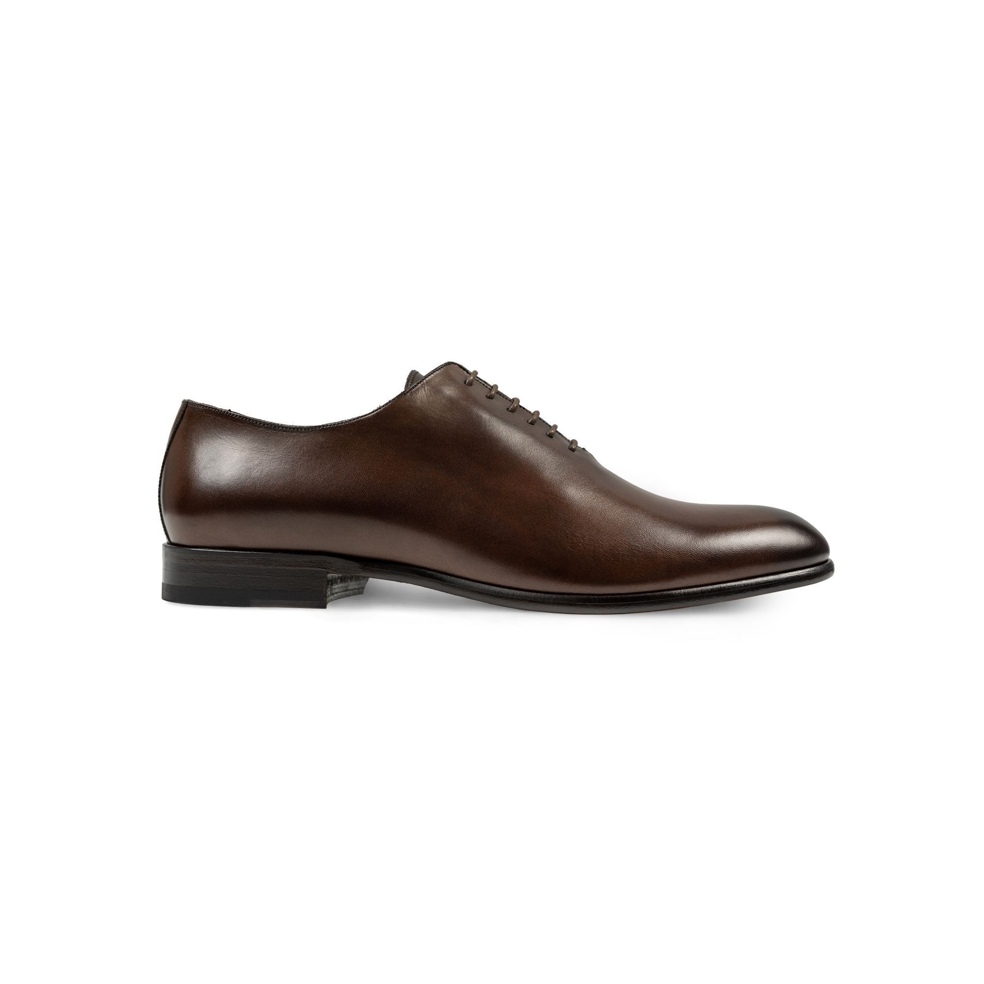 Brown wholecut oxford by Elio Evan in hand-painted leather. Blake Rapid sole. Made in Italy.