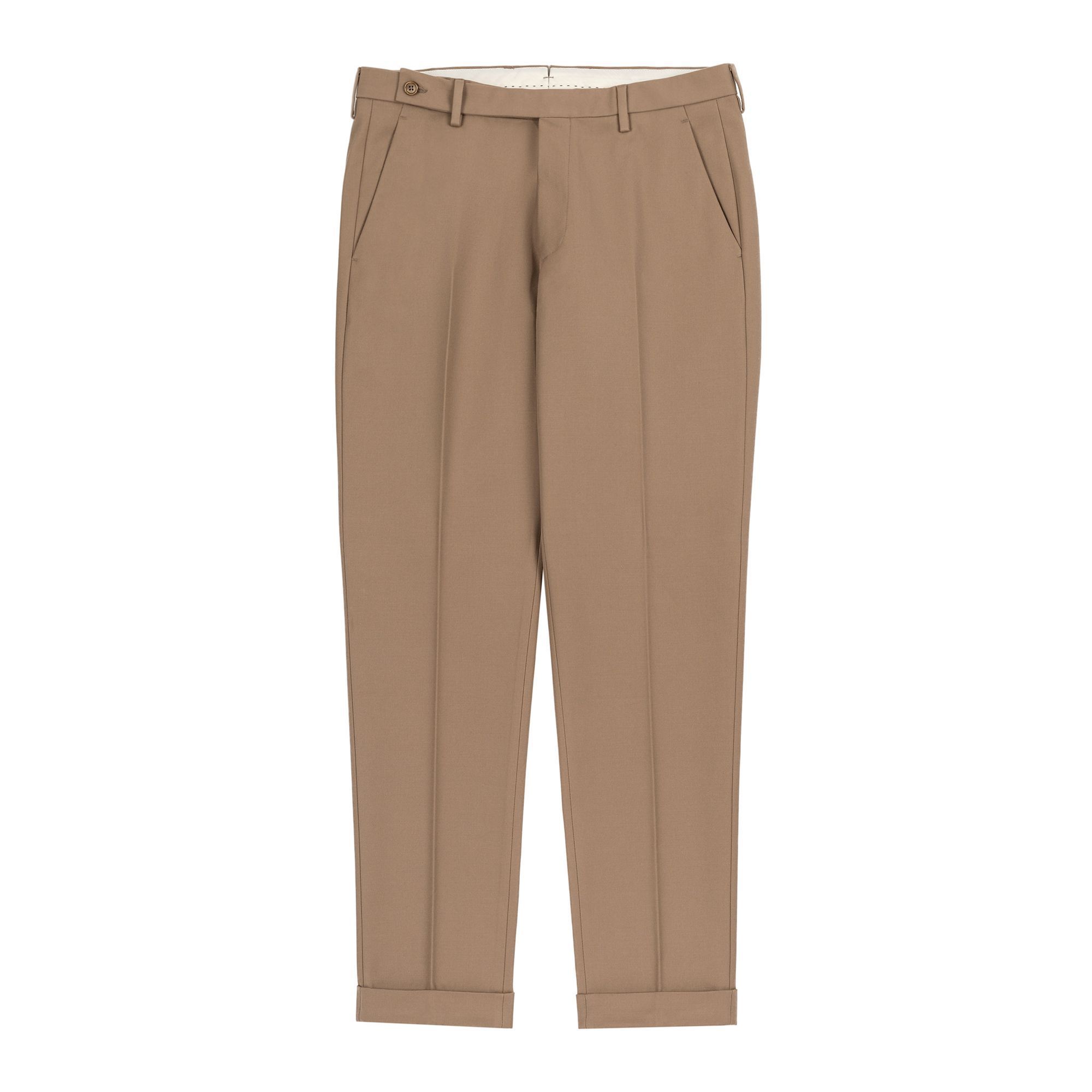 Camel-beige Acquawool chinos in the Marnes SP model with extended waistband, pressed crease and turn-ups.