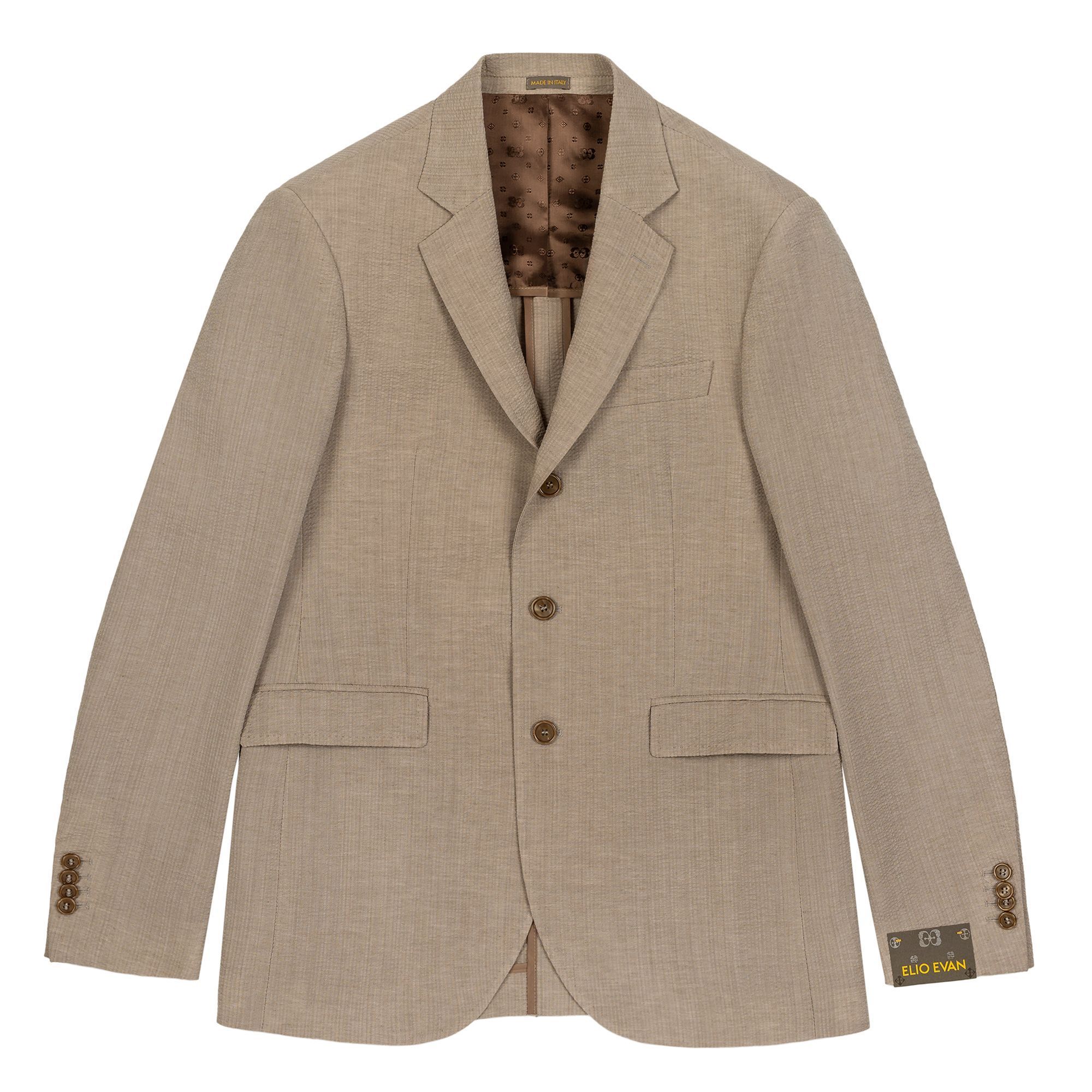 Beige seersucker blazer in wool-linen, Casablanca model  Elio Evan, featuring natural shoulder and half-lined construction. Made in Italy.