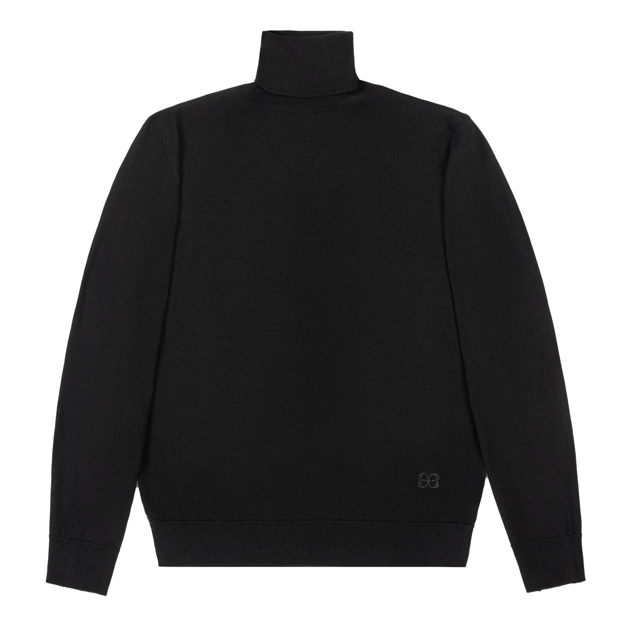Black rollneck sweater by Elio Evan, crafted from extrafine merino wool with ribbed hems and flawless fit.
