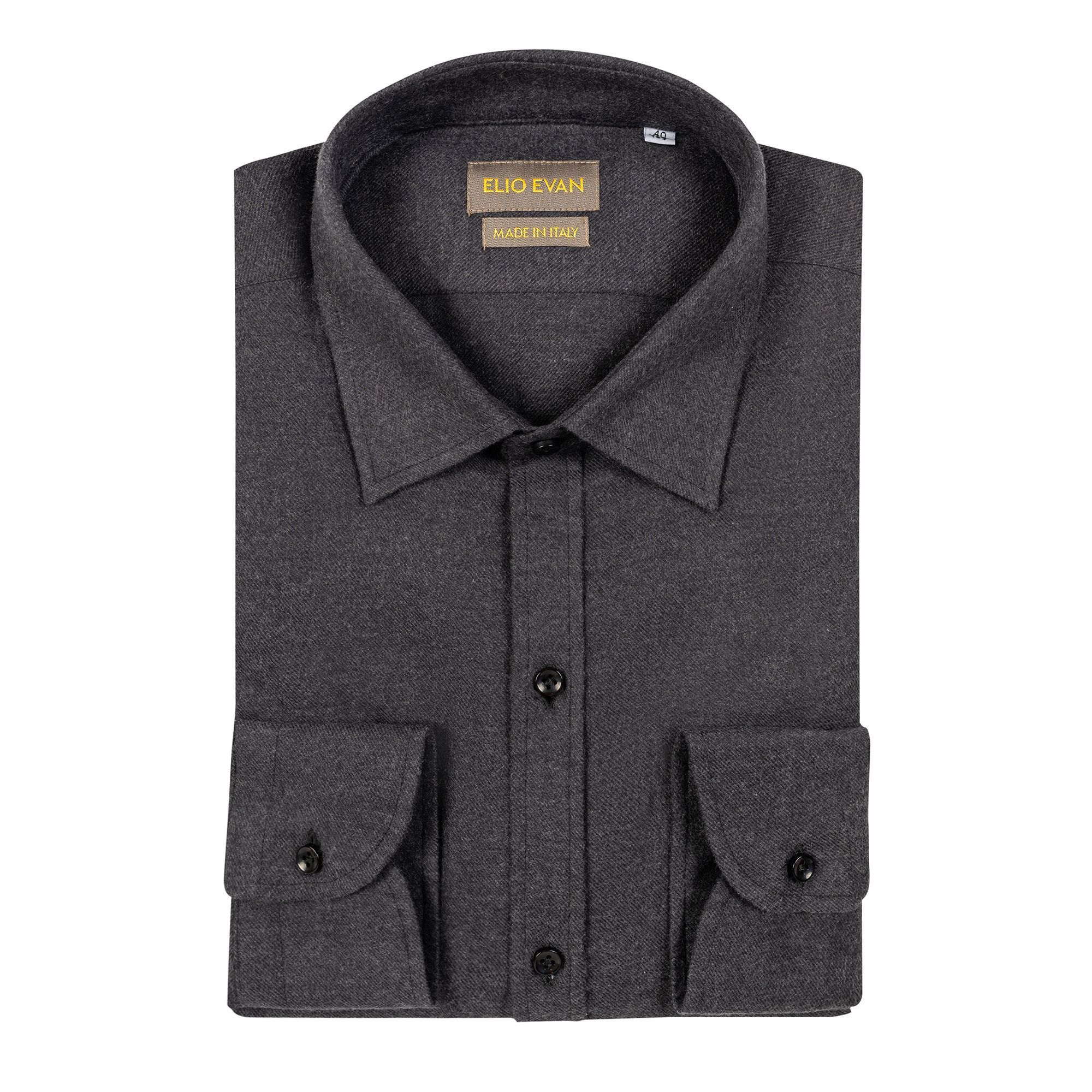 Elio Evan charcoal grey cotton flannel shirt with Ralph Italian collar and rounded cuffs.