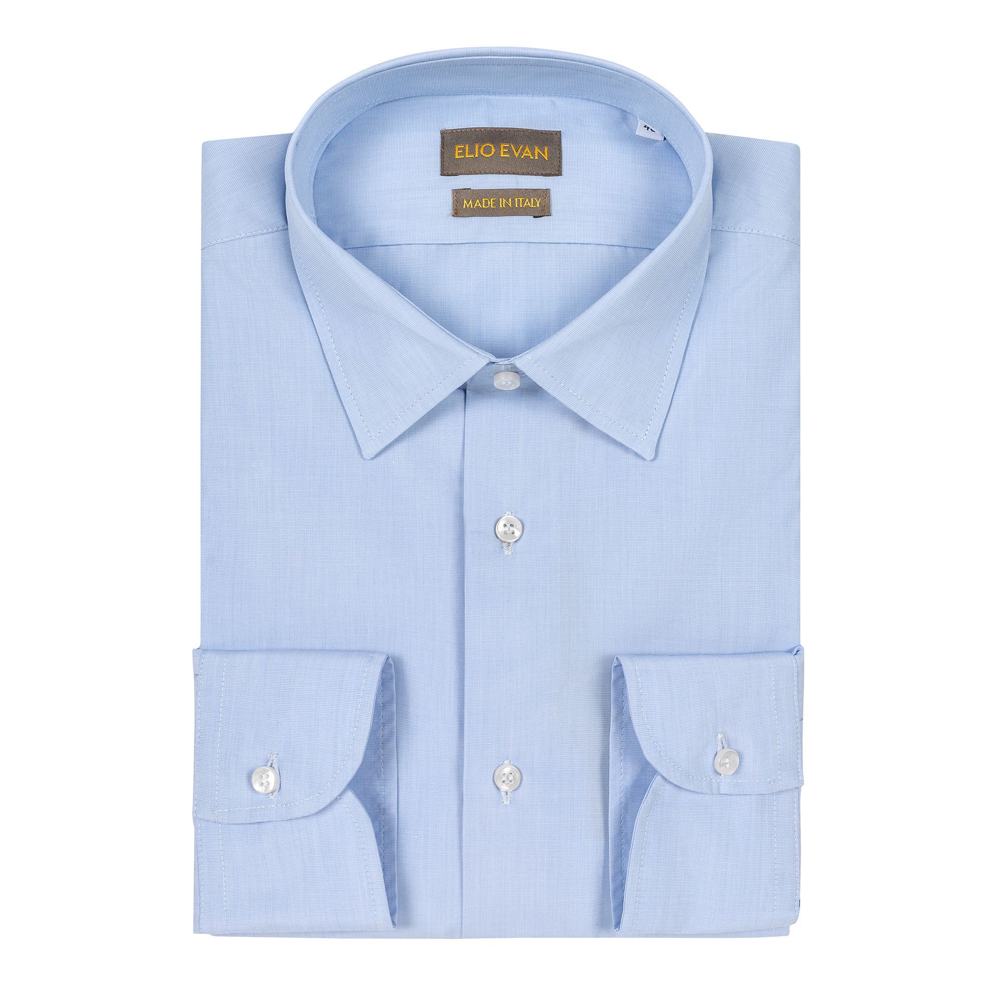 Elio Evan men’s Ralph shirt in light blue fil à fil cotton 120/1 with Italian collar, mother-of-pearl buttons, custom fit silhouette