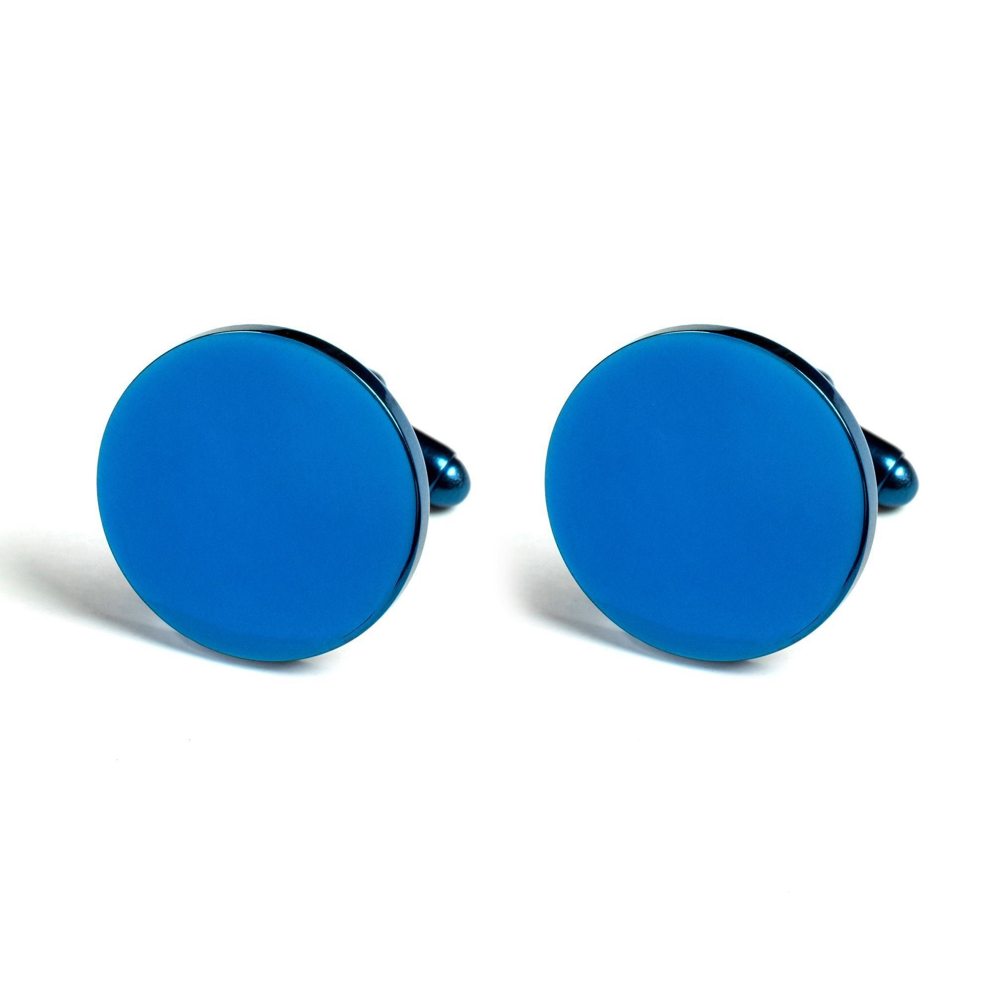Elio Evan round blue stainless steel cufflinks with fixed back closure.