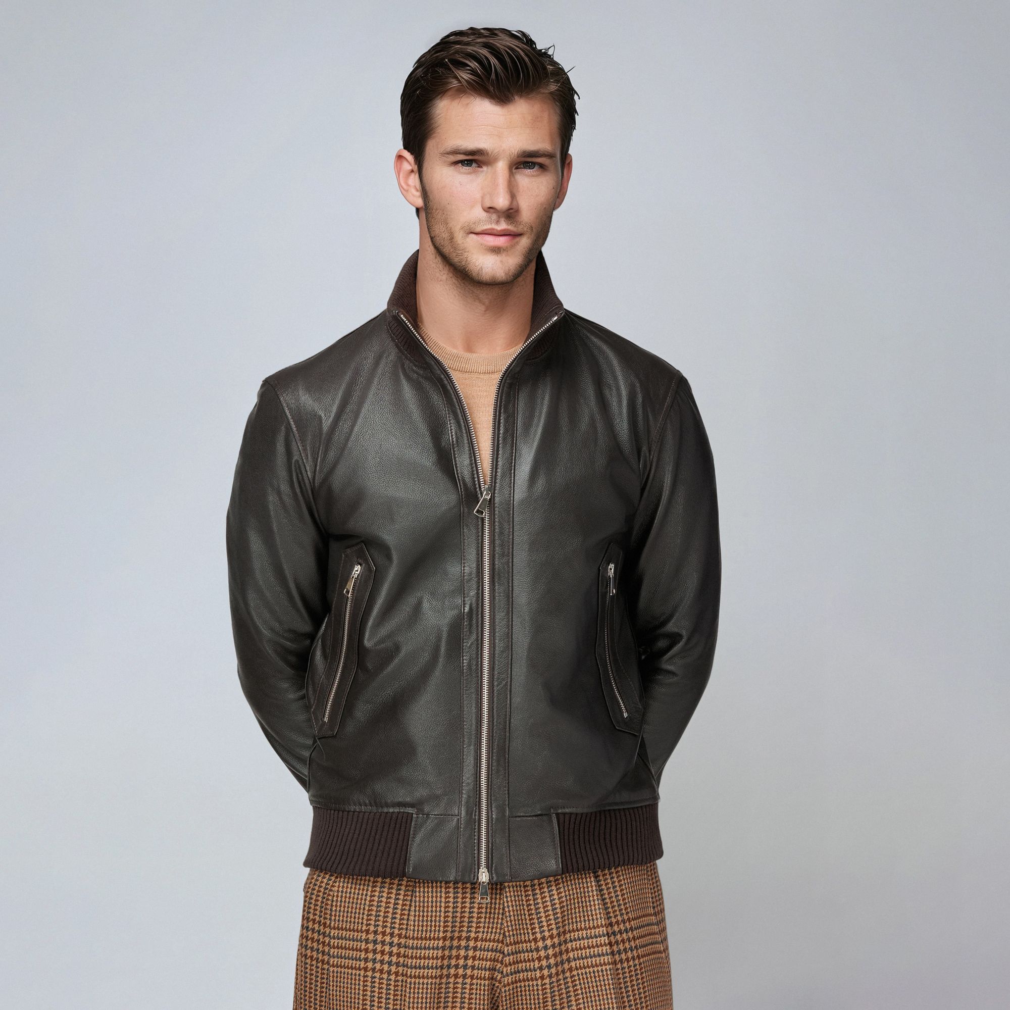 Elio Evan Ryan men’s brown leather bomber jacket with ribbed trims and zip closure.