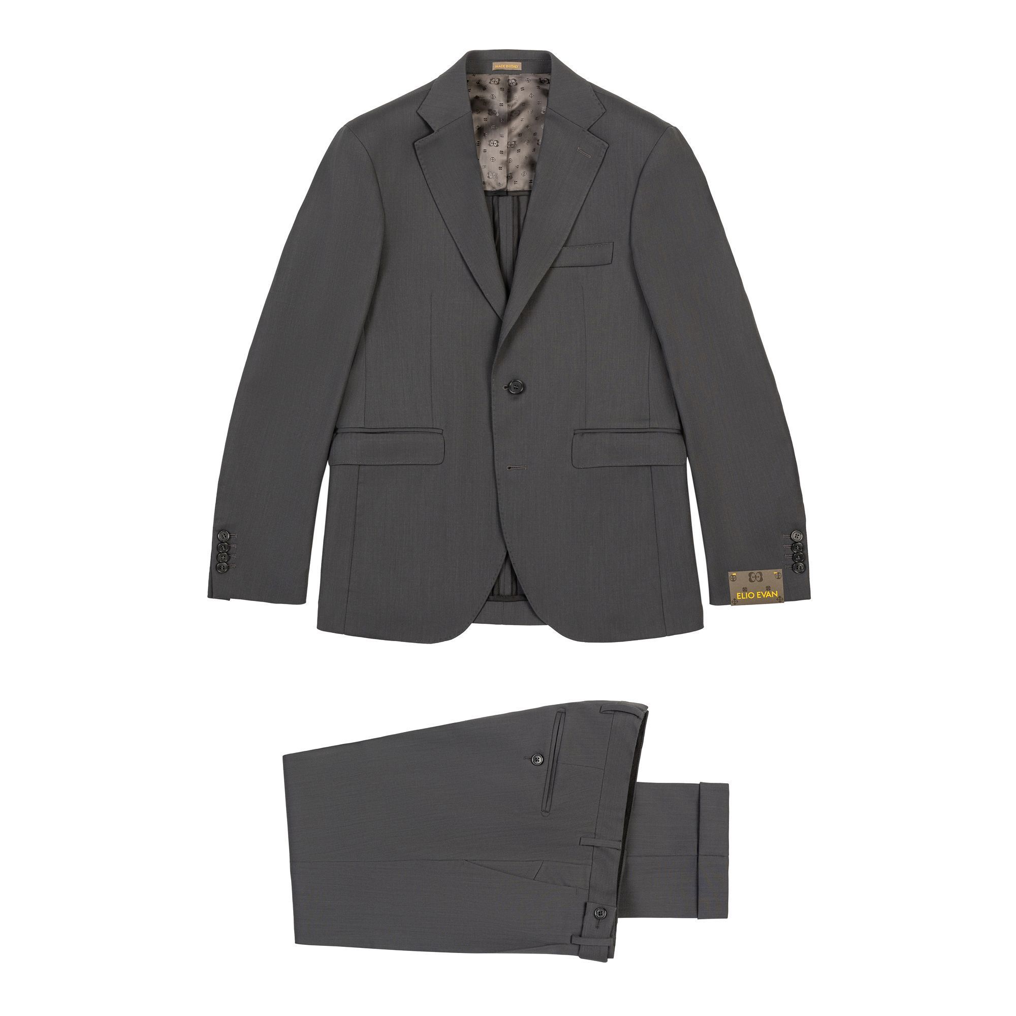 Grey travel suit separate in high-twist elasticized wool featuring anti-crease and breathable properties. Made in Italy.