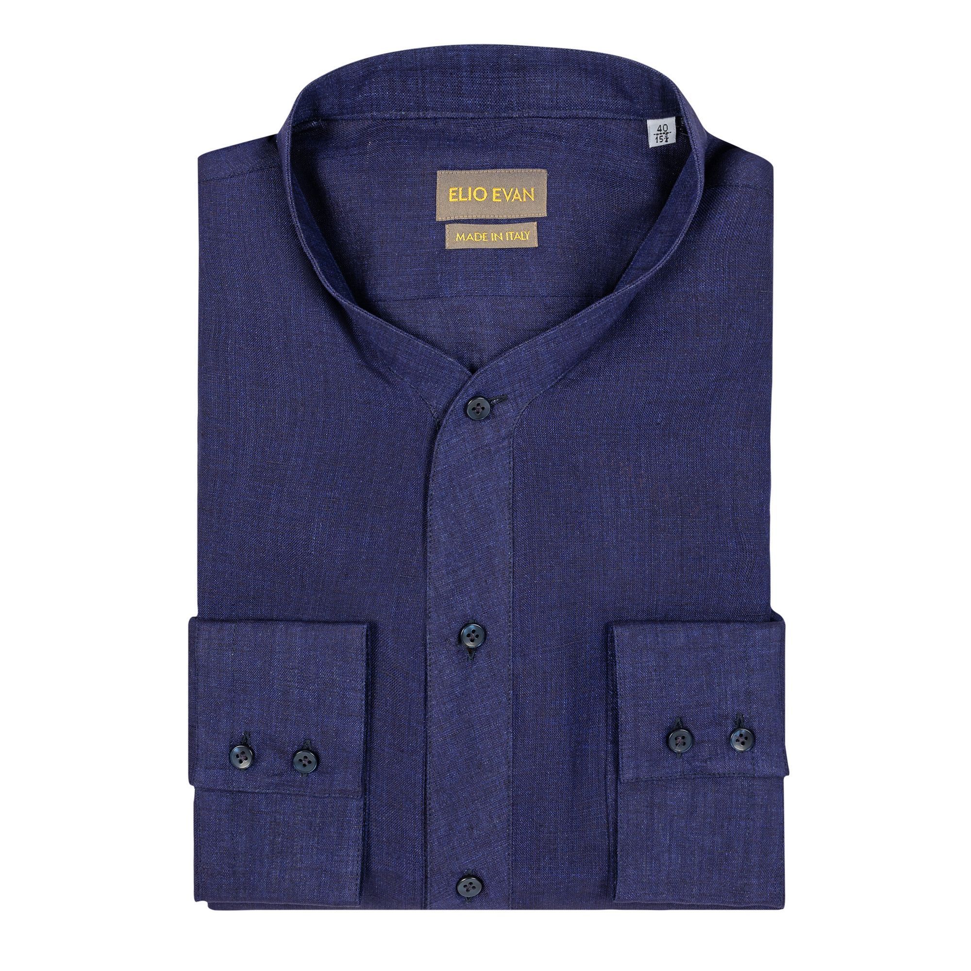 Elio Evan men’s deep royal blue linen shirt with band collar and square cuffs – Model Nice
