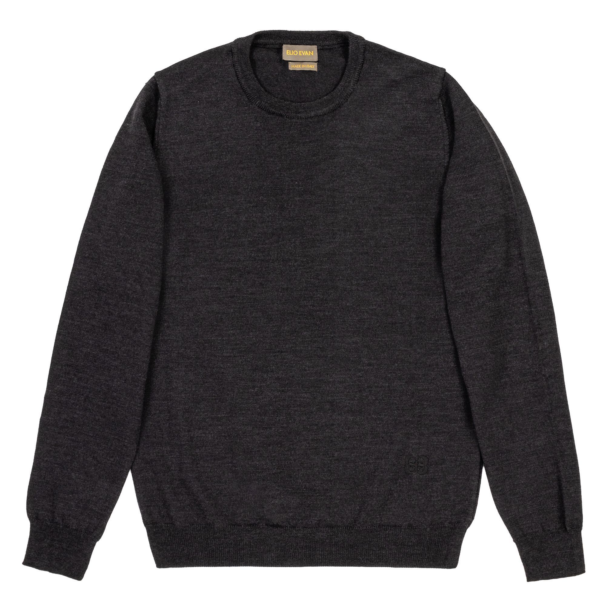 Men’s charcoal grey merino wool crewneck sweater with ribbed details and subtle 2E embroidery – Elio Evan.
