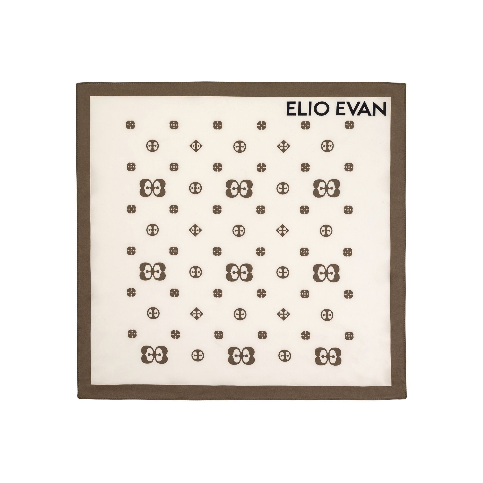 Monogrammed pocket square by Elio Evan, featuring the brand's signature logo in brown on a soft neutral background. Crafted from 100% Tencel