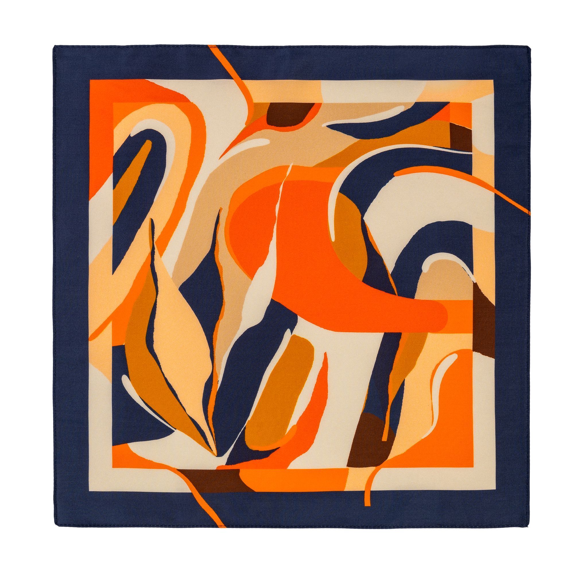 Abstract orange pocket square by Elio Evan, crafted from 100% Tencel with bold orange, navy, and beige accents. Dimensions 40x40cm.