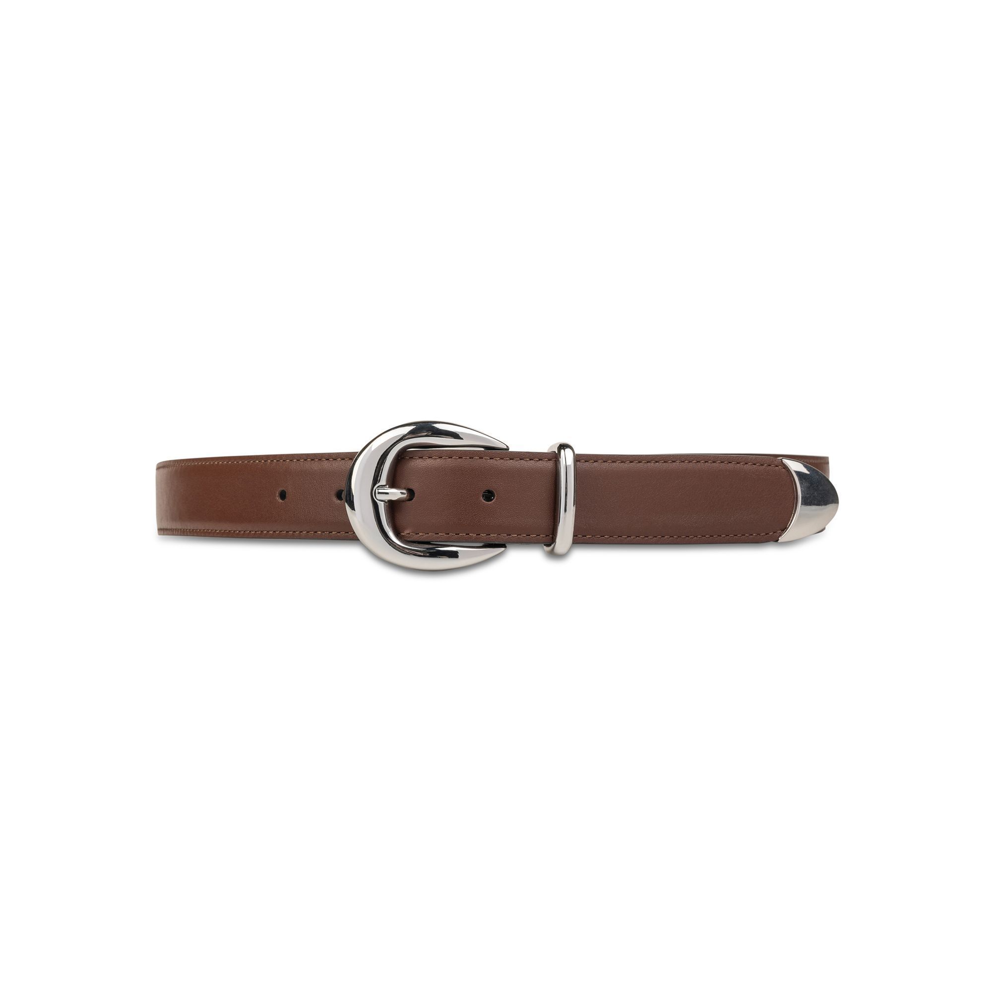 Elio Evan brown leather belt with polished metal buckle, loop, and tip. Ideal for casual and formal wear