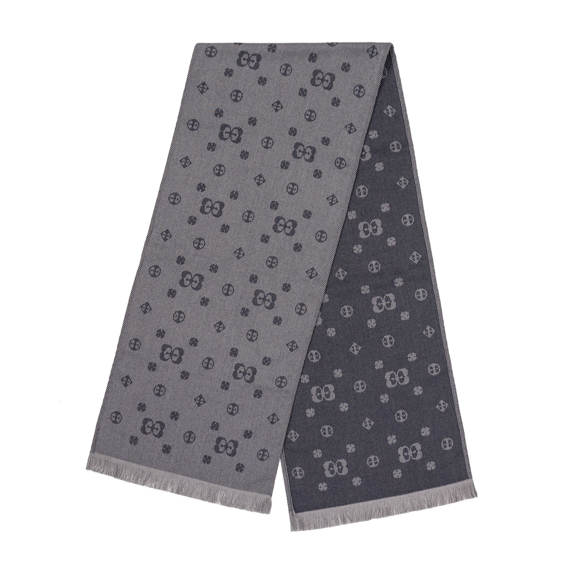 Elio Evan Men's Wool Scarf in navy and grey, featuring a double-faced jacquard design and fringed edges