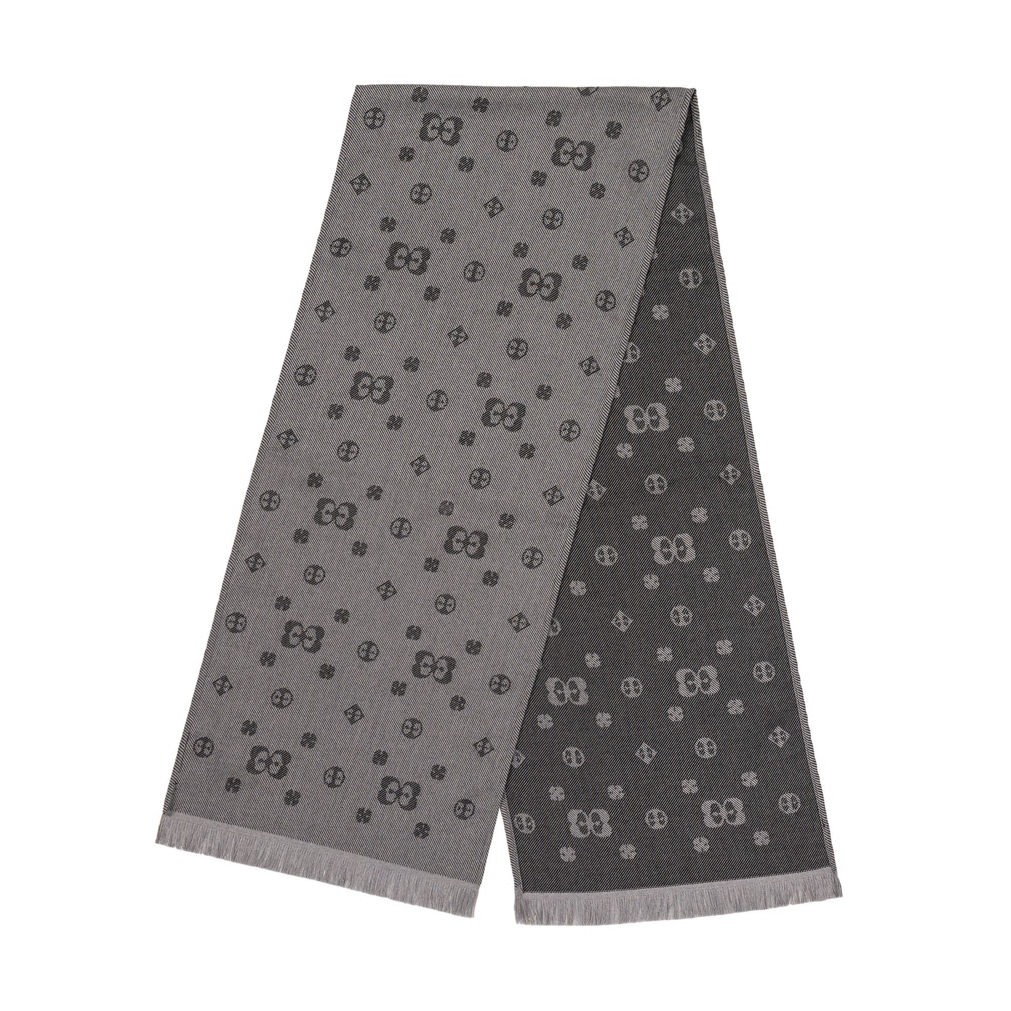 Elio Evan Men's Wool Scarf in black and grey, double-face design with jacquard pattern, 180 cm x 40 cm, made in Italy.