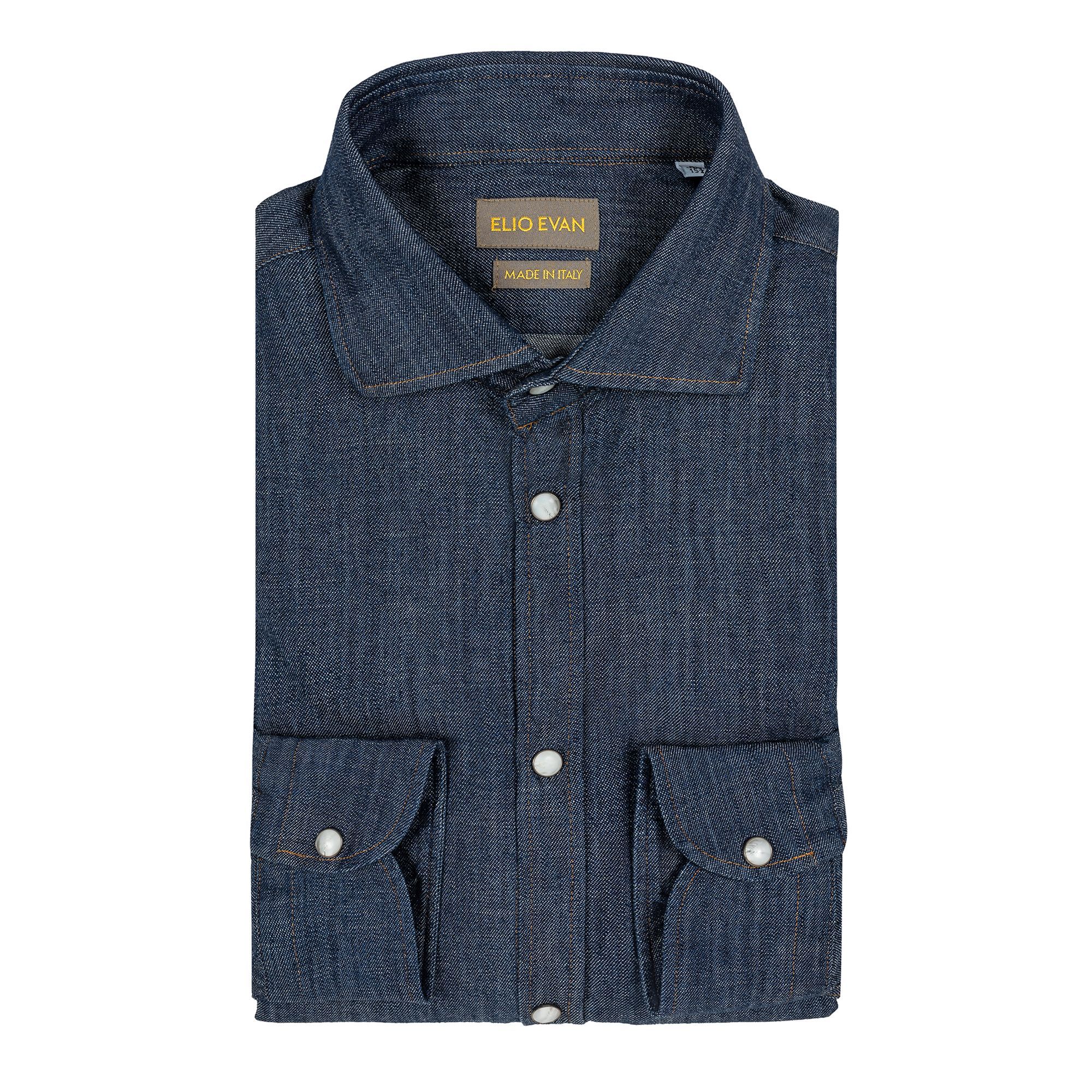 Men’s indigo organic denim shirt with contrast stitching and press-stud closure – Elio Evan.