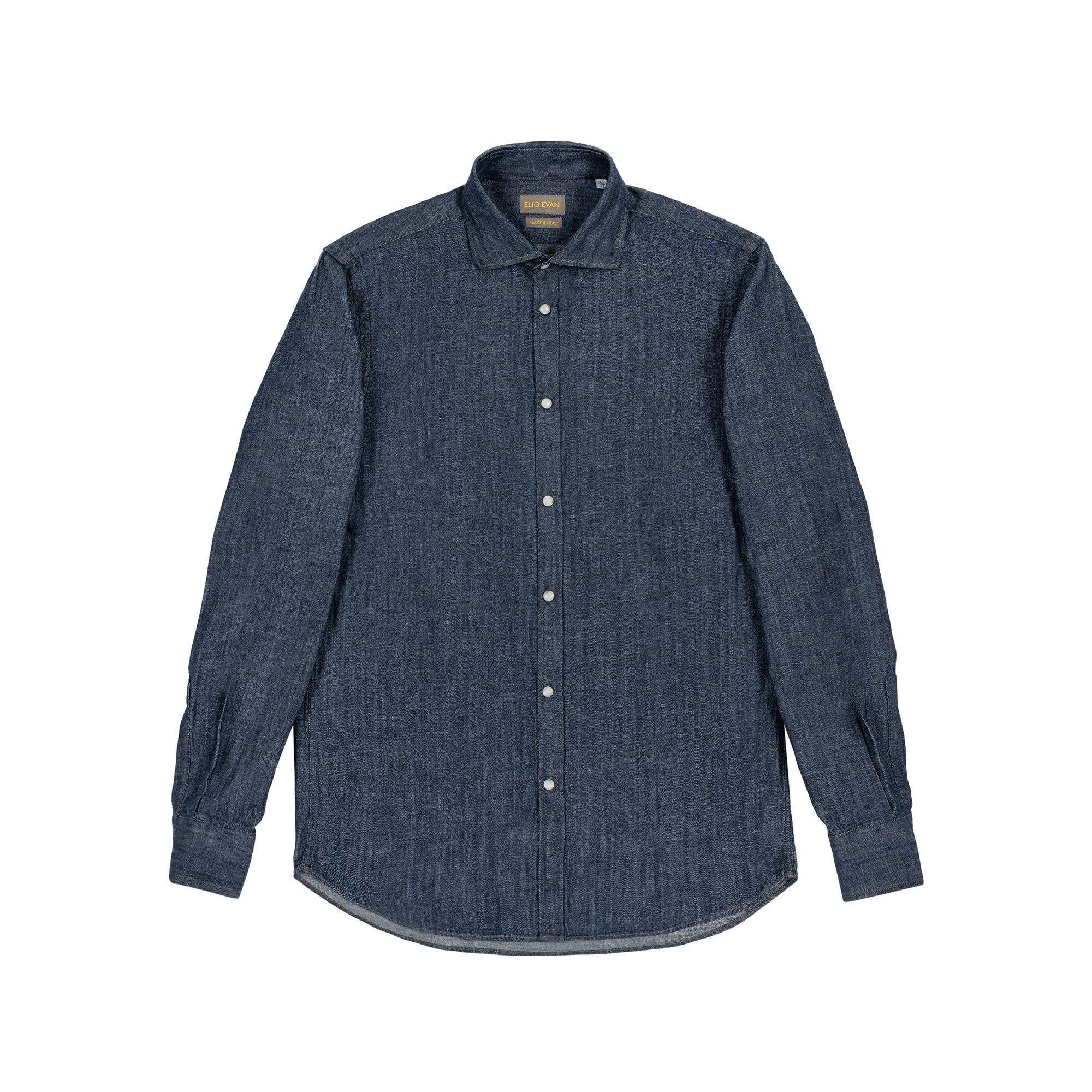 Men’s indigo organic denim shirt with contrast stitching and press-stud closure – Elio Evan.