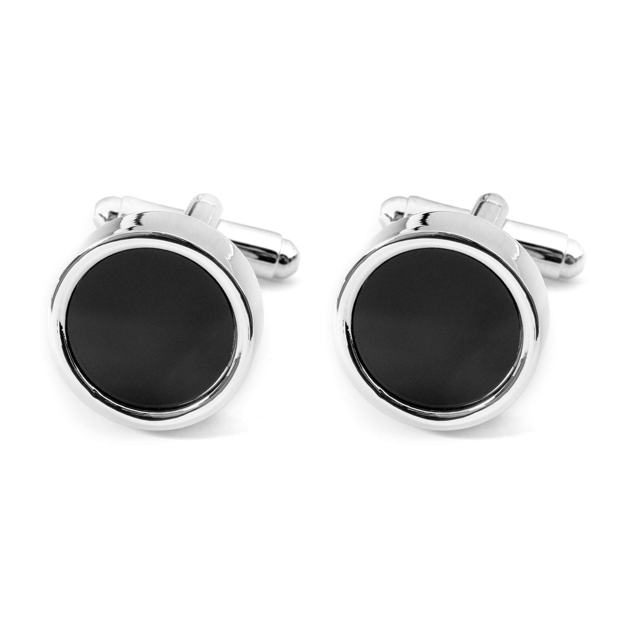 Elio Evan round silver cufflinks with black enamel center and fixed closure.