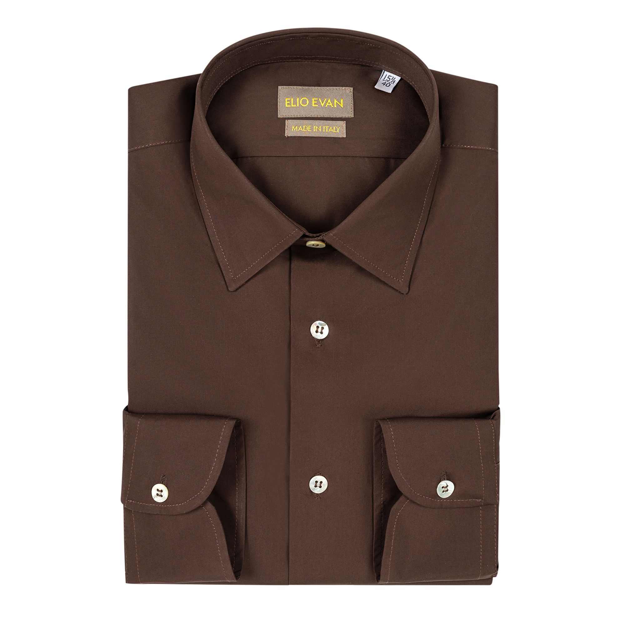 Elio Evan Ralph men’s brown shirt in two-ply cotton 120/2 with Italian collar and mother-of-pearl buttons.