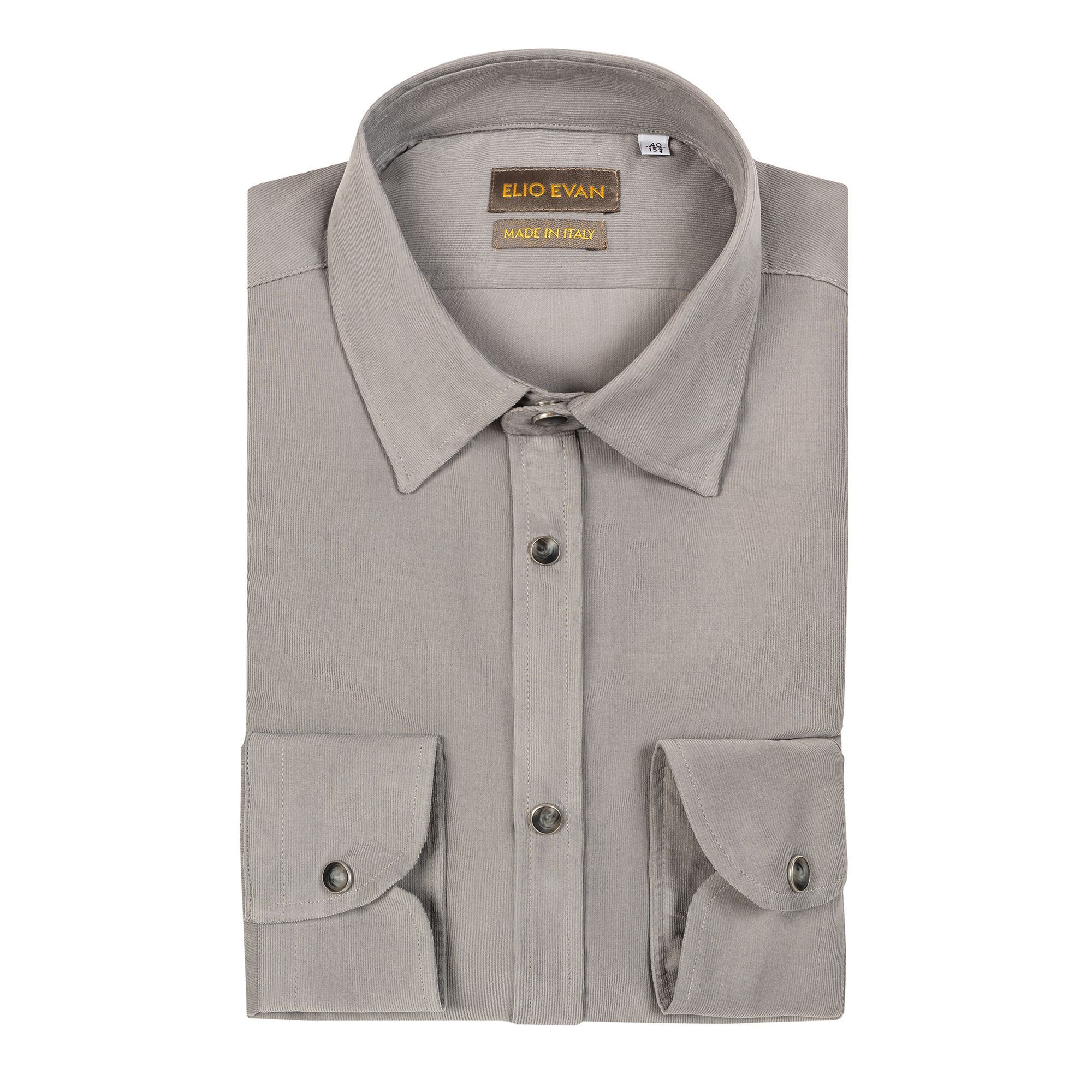 Elio Evan stone grey superfine cotton corduroy velvet shirt with Ralph Italian collar and press stud buttons.