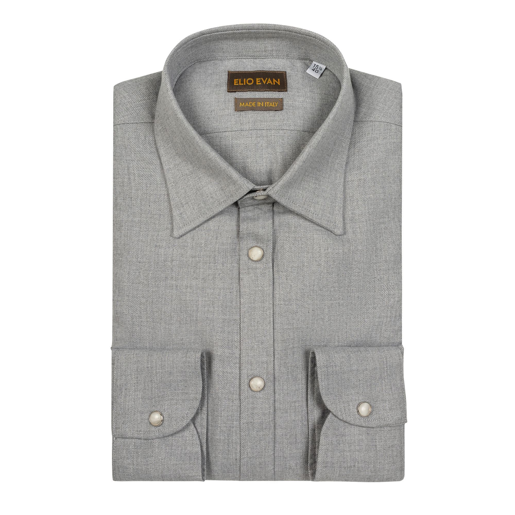 Elio Evan light grey herringbone flannel shirt in cotton and lyocell with Ralph Italian collar and press stud buttons.