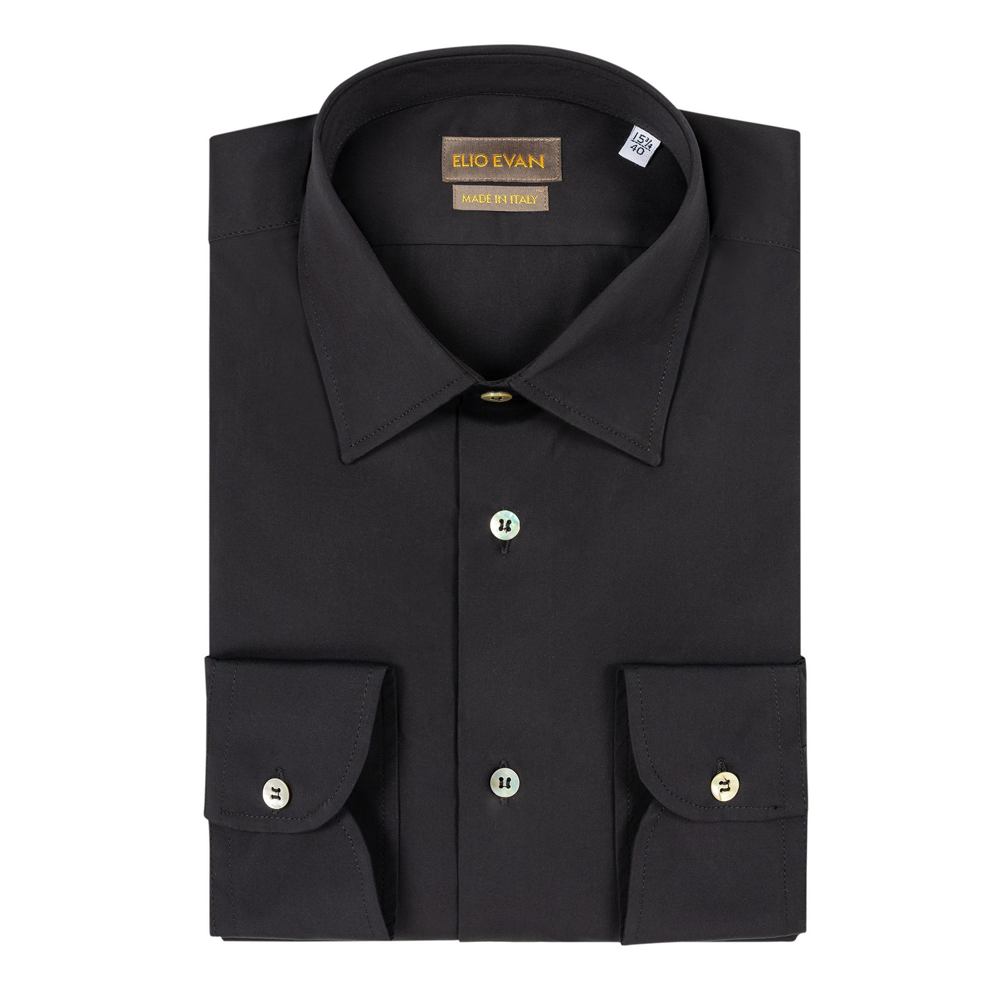 Elio Evan men’s black popeline shirt 120/1 with Italian collar and mother-of-pearl buttons.