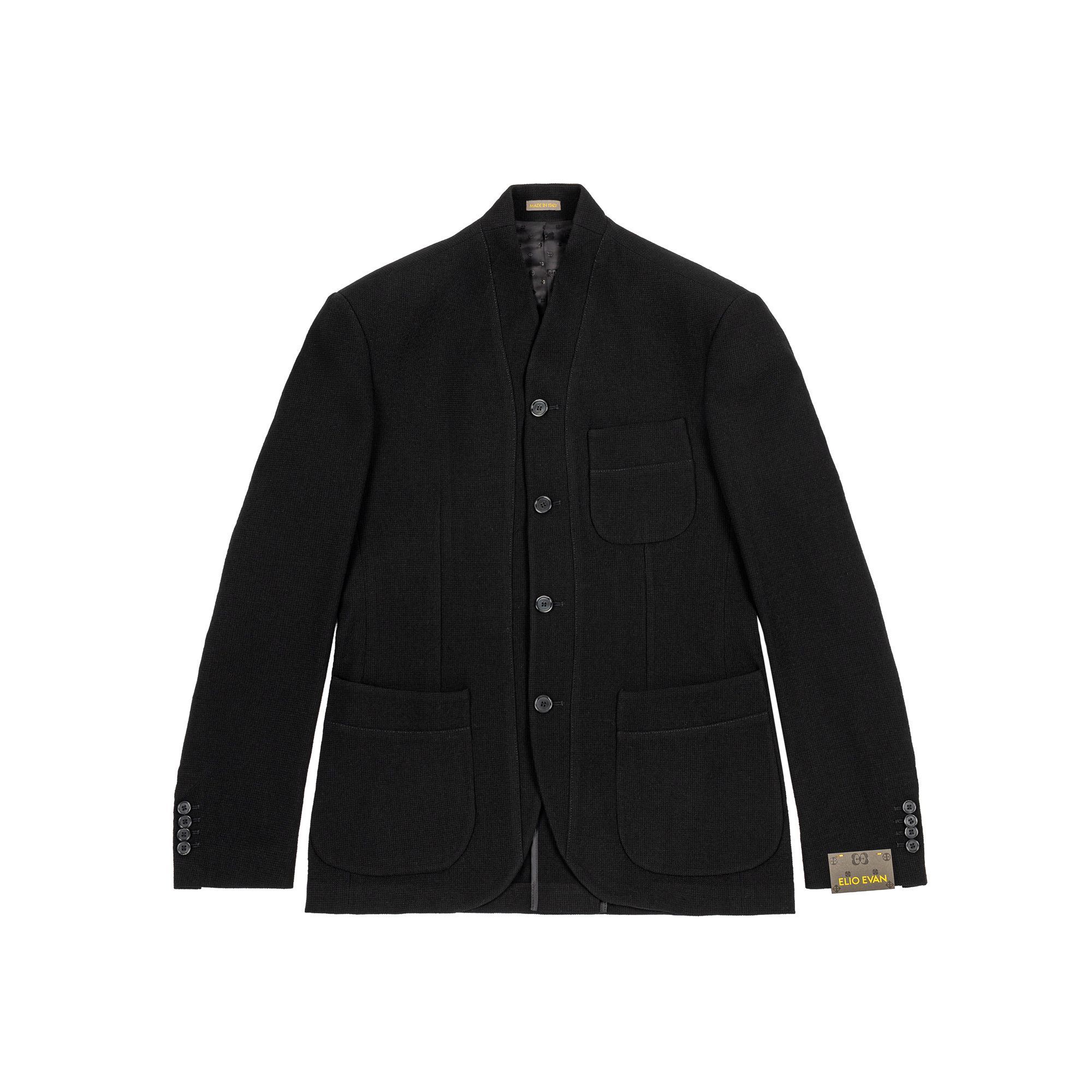 Deconstructed men’s jacket in knitted virgin wool canvas with stand-up collar and patch pockets.