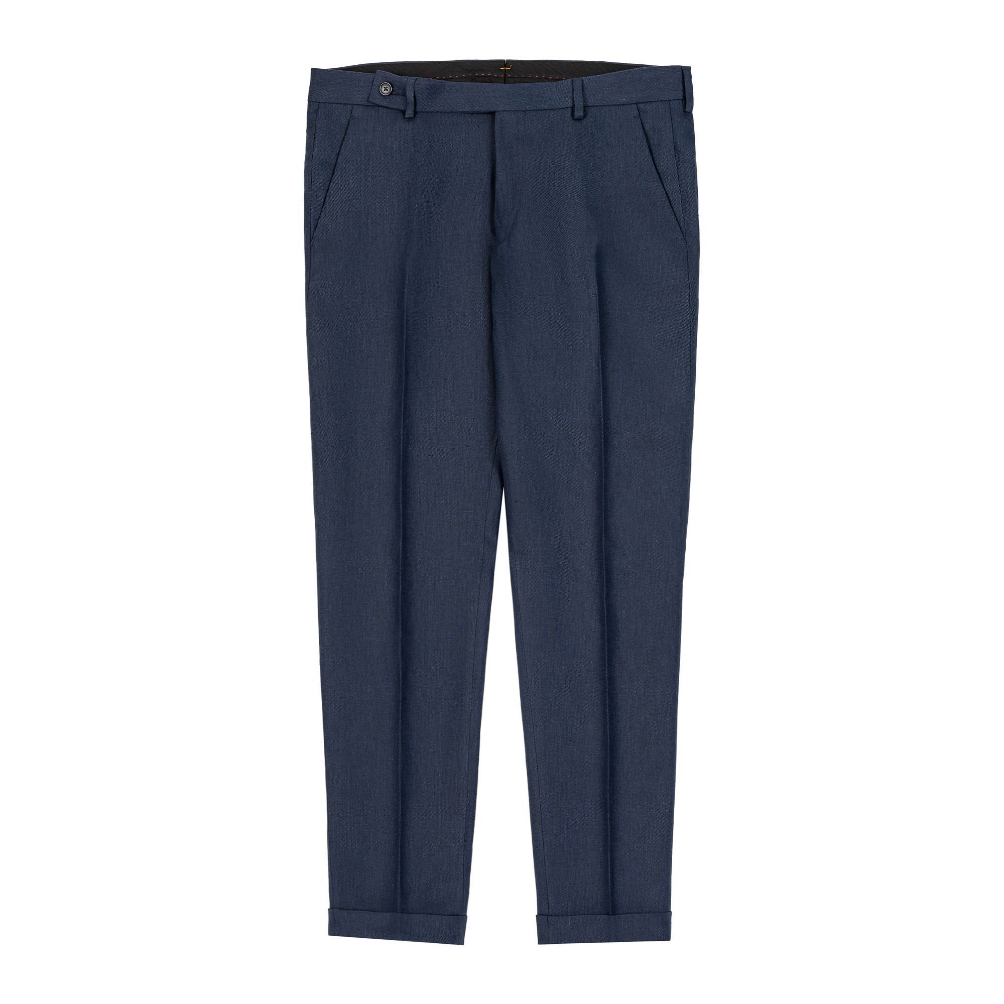 Elio Evan navy blue linen pants with tab waist and turn-ups