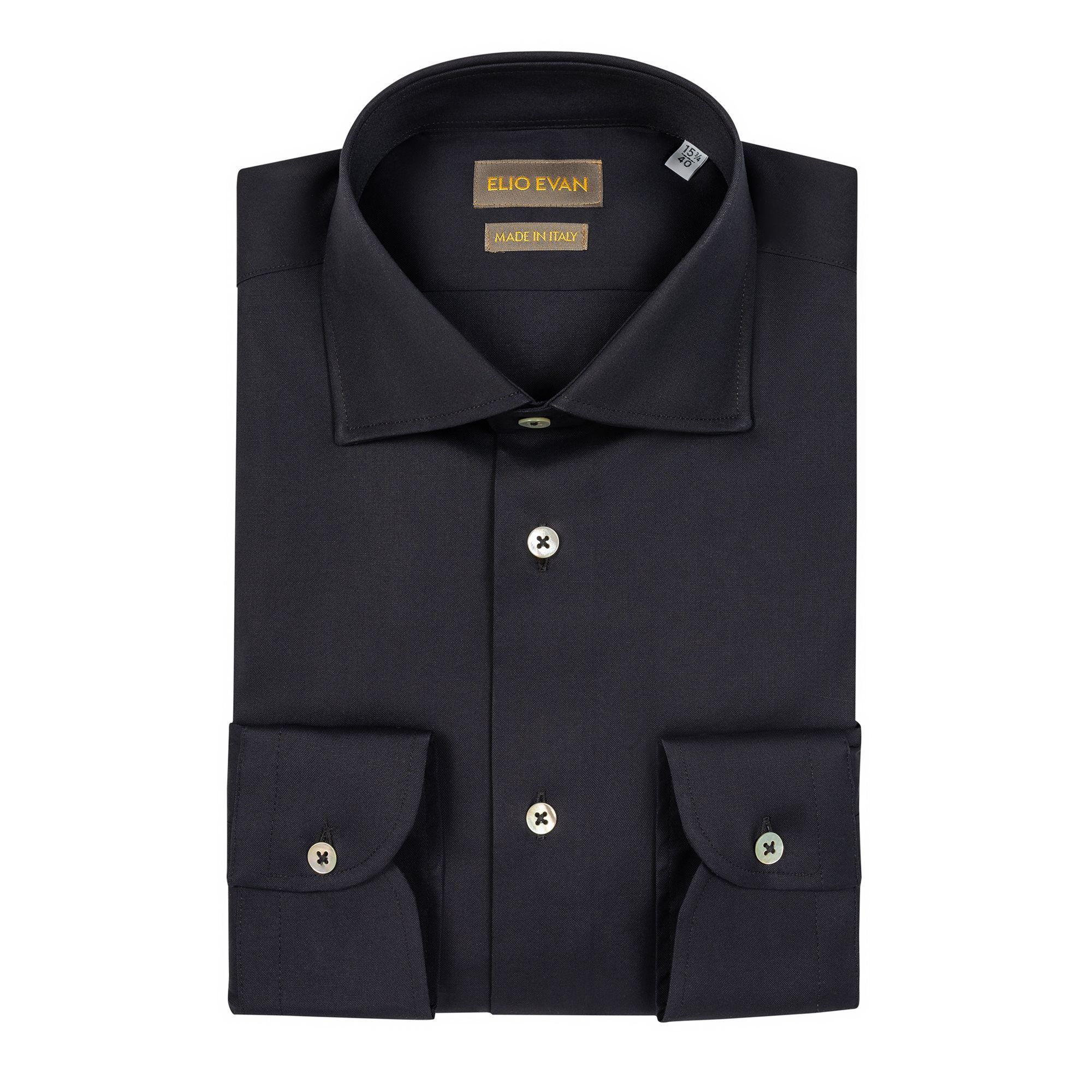 Elio Evan men’s navy two-ply cotton shirt with solid-dye effect and Conte semi spread collar, made in Italy.