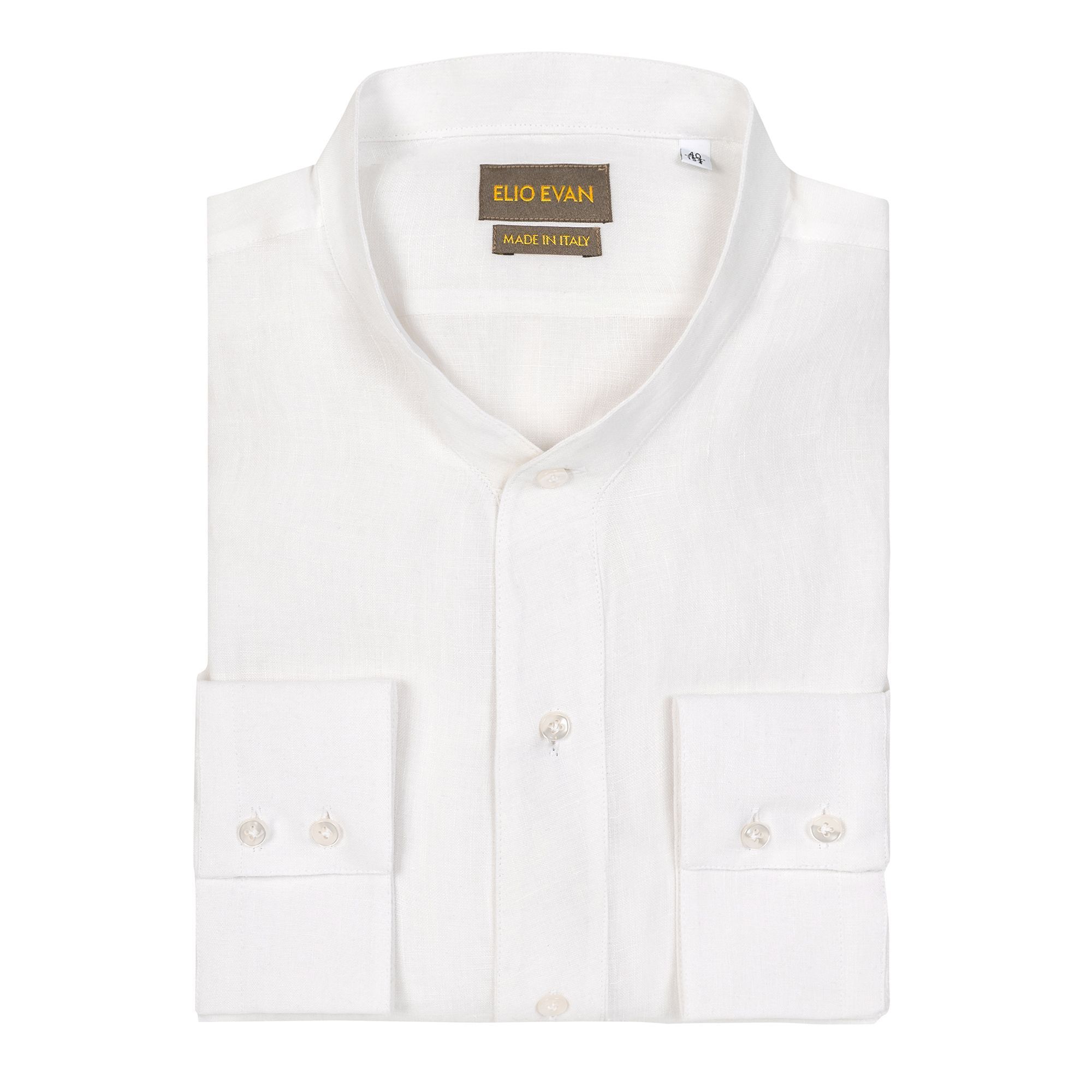 Elio Evan white linen shirt for men with band collar, square cuffs, and mother-of-pearl buttons – Model Nice