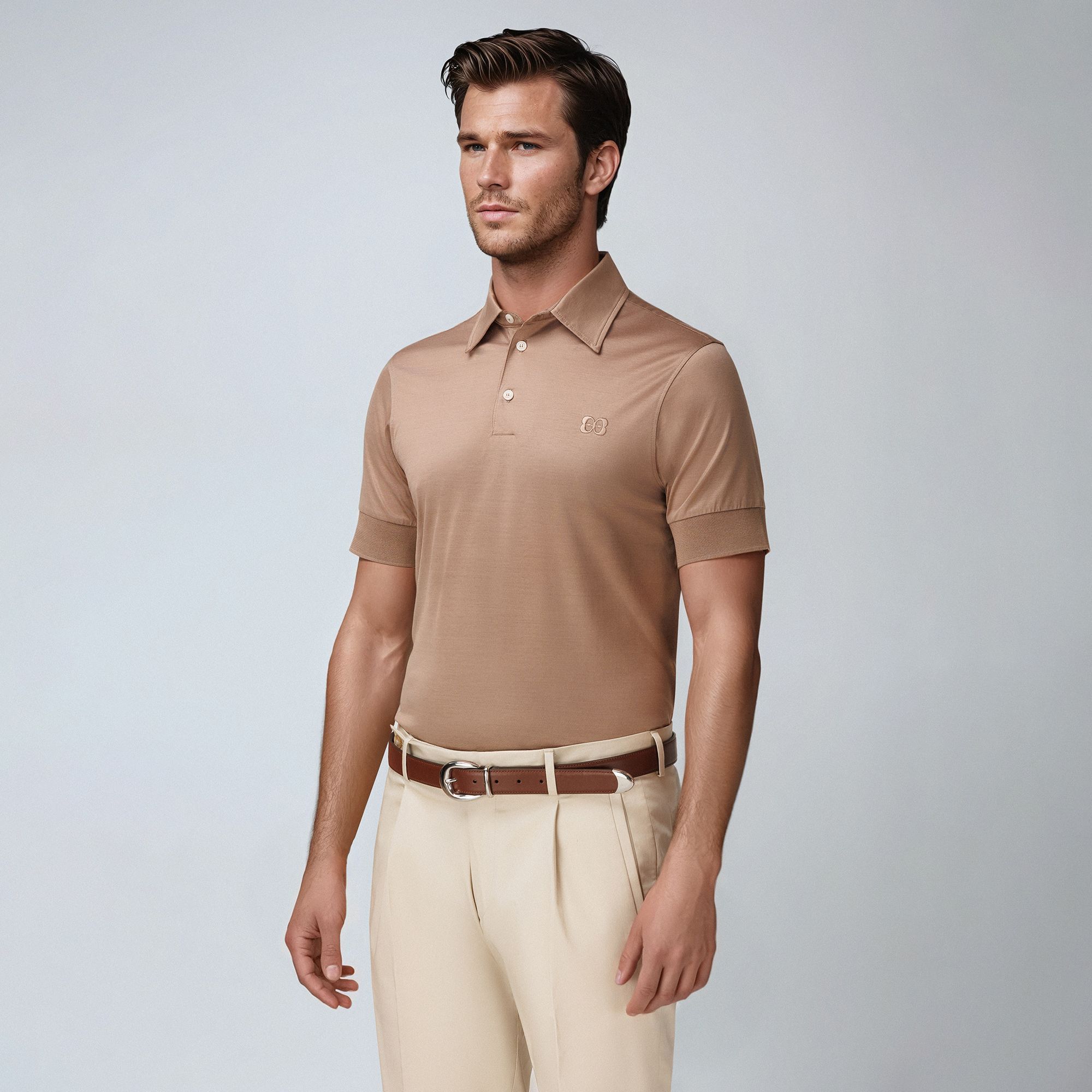 Men’s beige Filoscozia cotton short sleeve polo shirt by Elio Evan, pointed collar, paramontura construction, slim fit. Made in Italy.