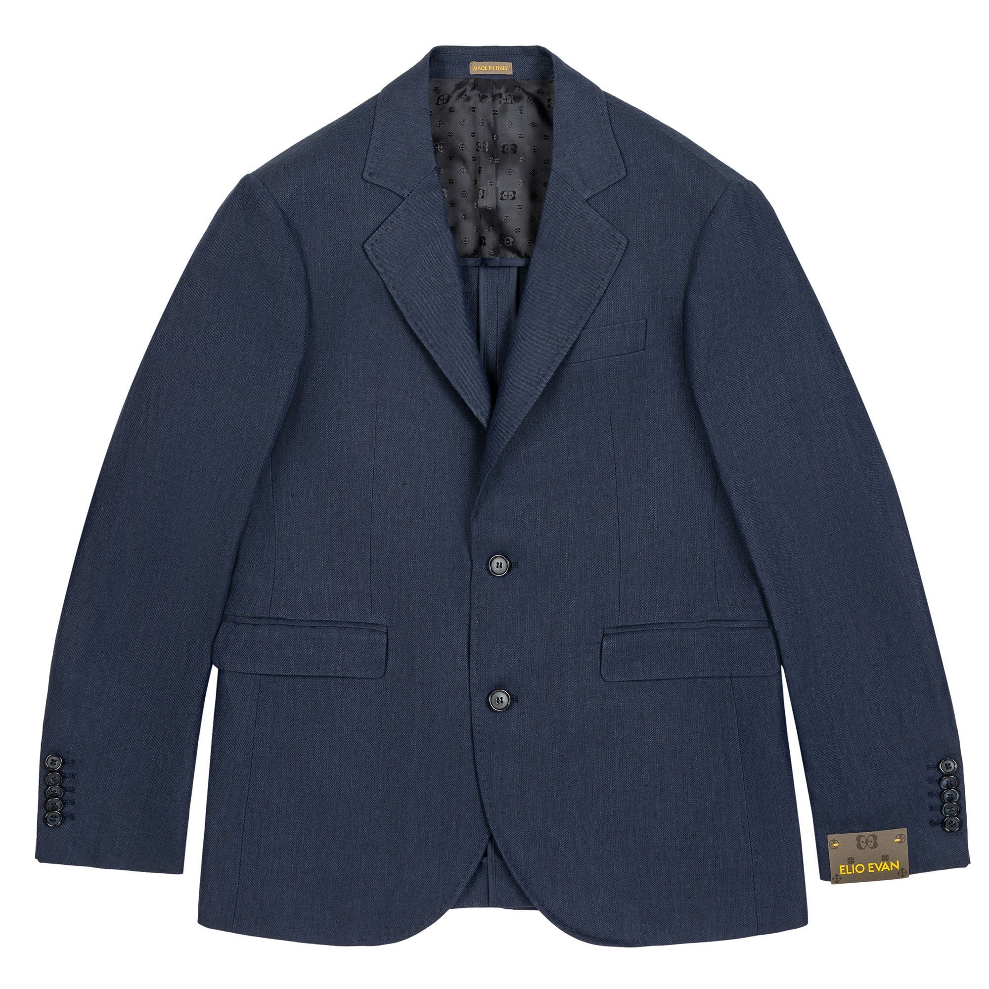 Men’s navy blue linen blazer by Elio Evan, with a twill weave to resist wrinkles, natural shoulders, and half-lined finish. Made in Italy.