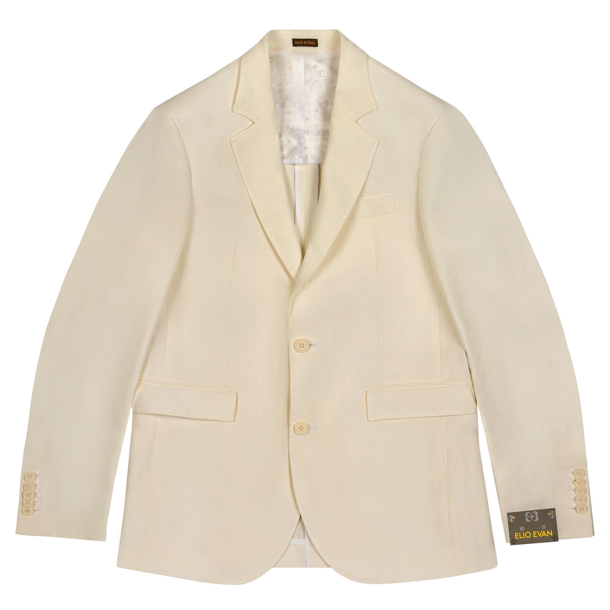 Men’s white linen blazer, Miami model by Elio Evan, with twill weave to resist wrinkles, natural shoulder, and half-lined finish.