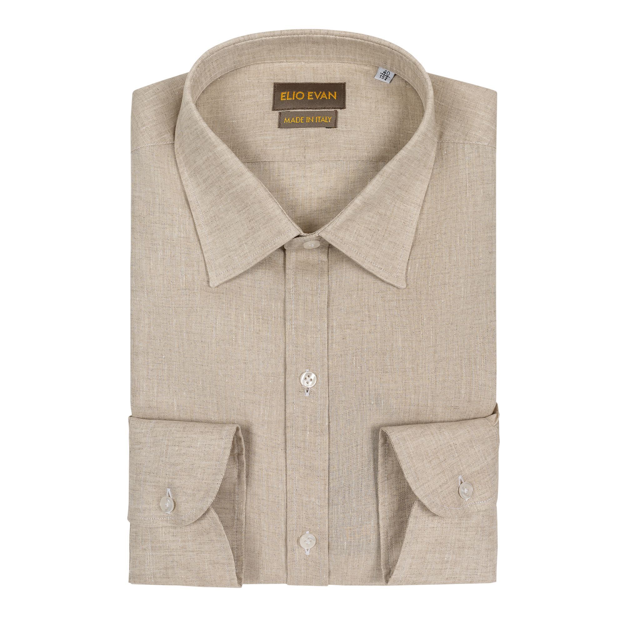 Men’s beige linen shirt by Elio Evan with natural stretch, pointed collar & mother-of-pearl buttons. Sartorial luxury. Made in Italy.