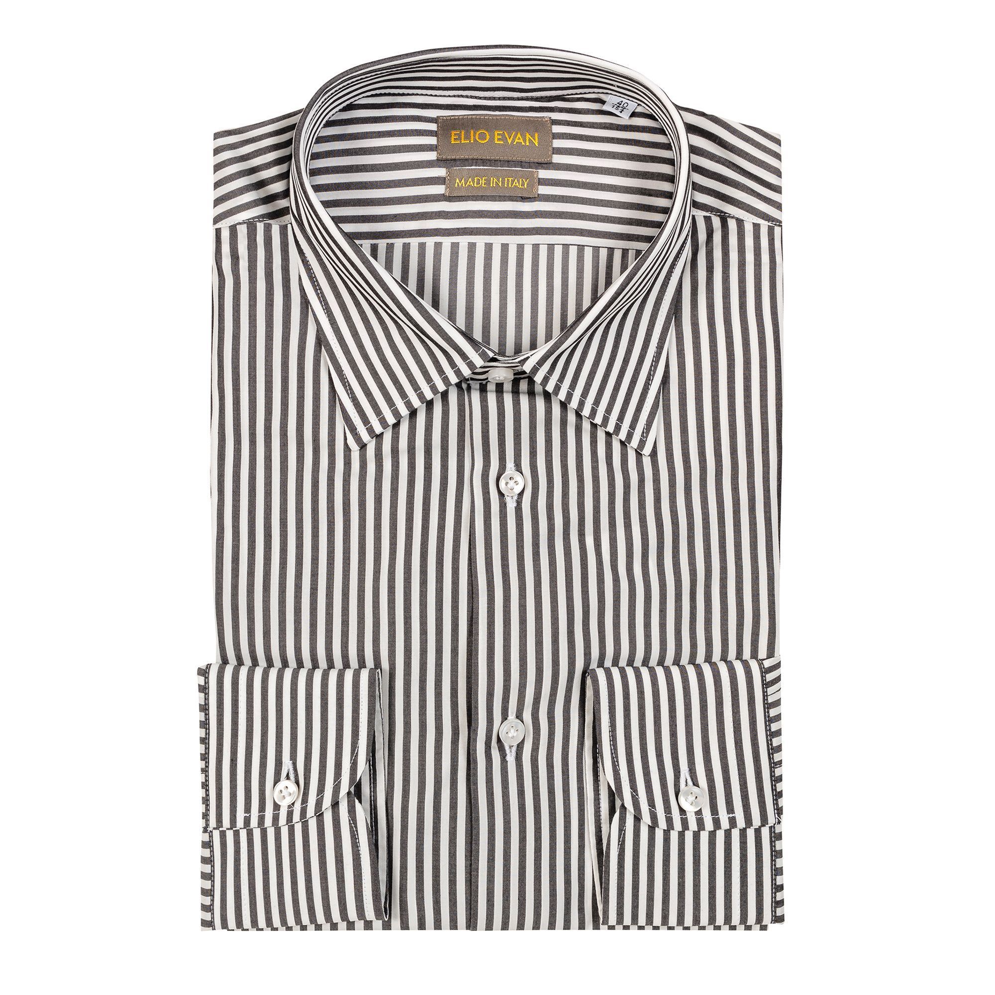Men’s black striped lyocell shirt by Elio Evan with Ralph collar, rounded cuffs, and mother-of-pearl buttons.