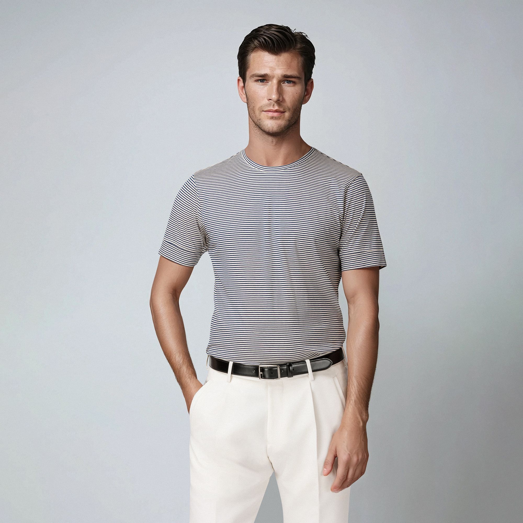 Men’s short sleeve nautical striped t-shirt by Elio Evan in Filoscozia cotton, slim fit, marked cuffs. Made in Italy.