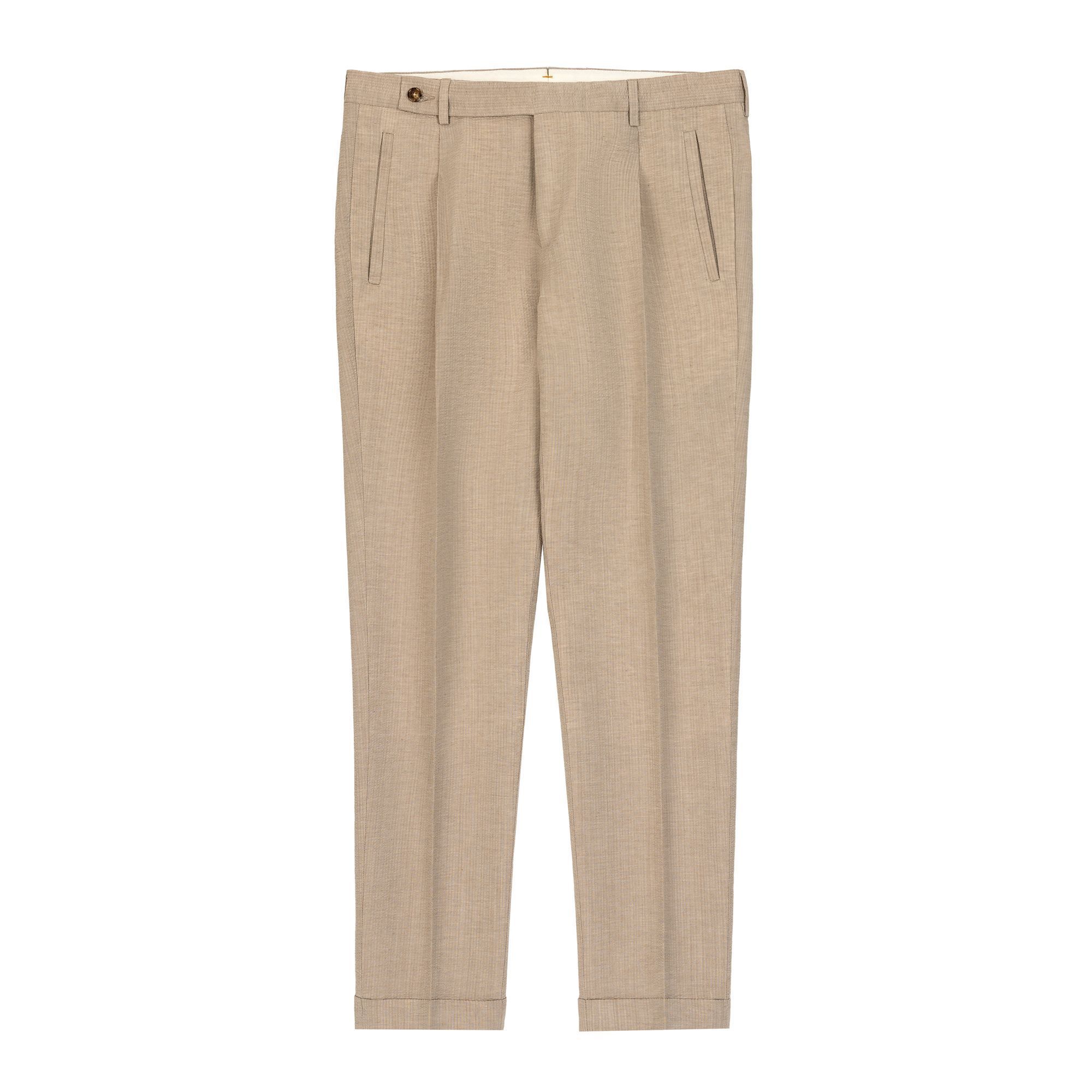 Elio Evan men’s sand beige seersucker trousers with pleat, tab waistband, and turn-ups – linen-wool blend
