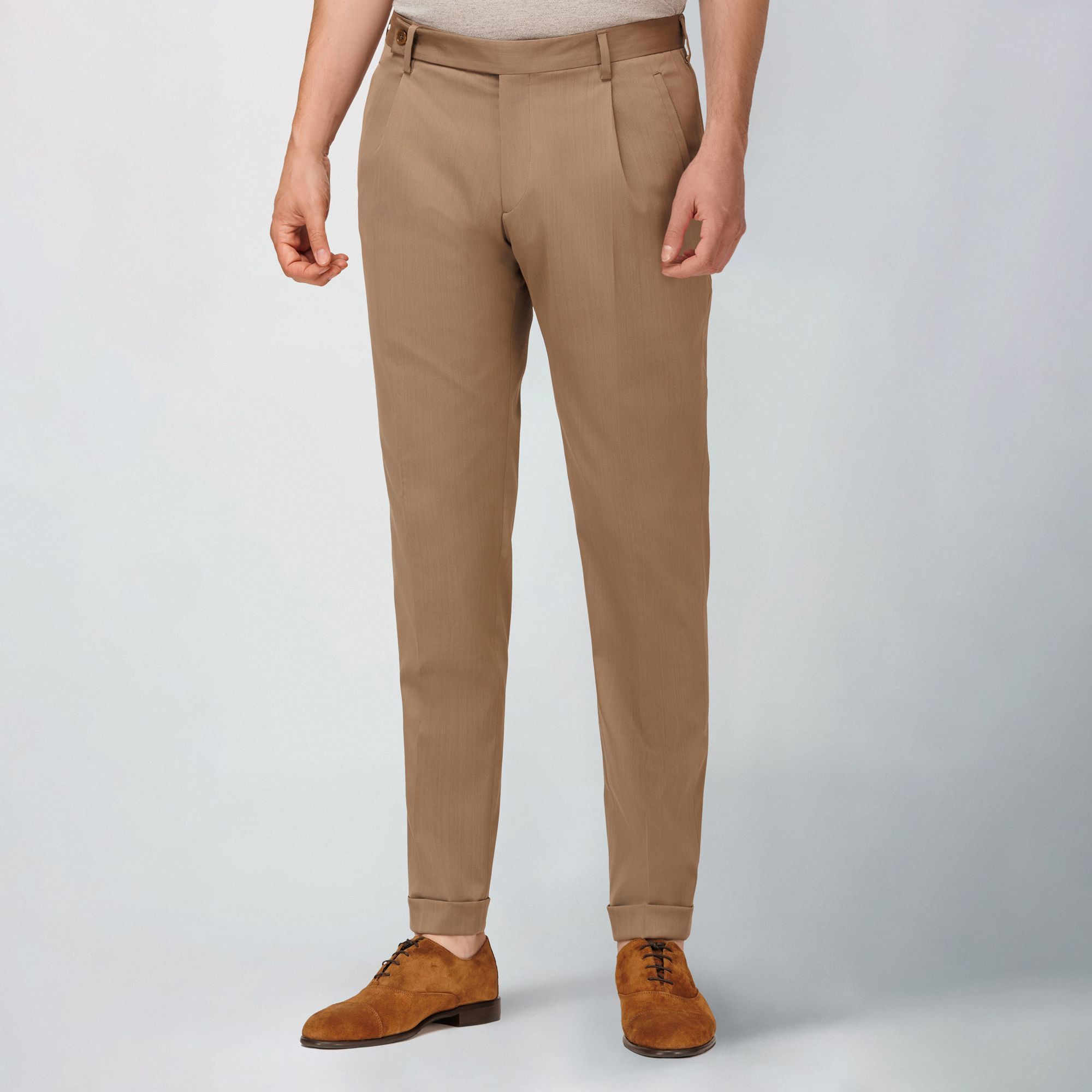 Men’s tan Solaro wool-blend trousers with pleat and tab closure – Elio Evan