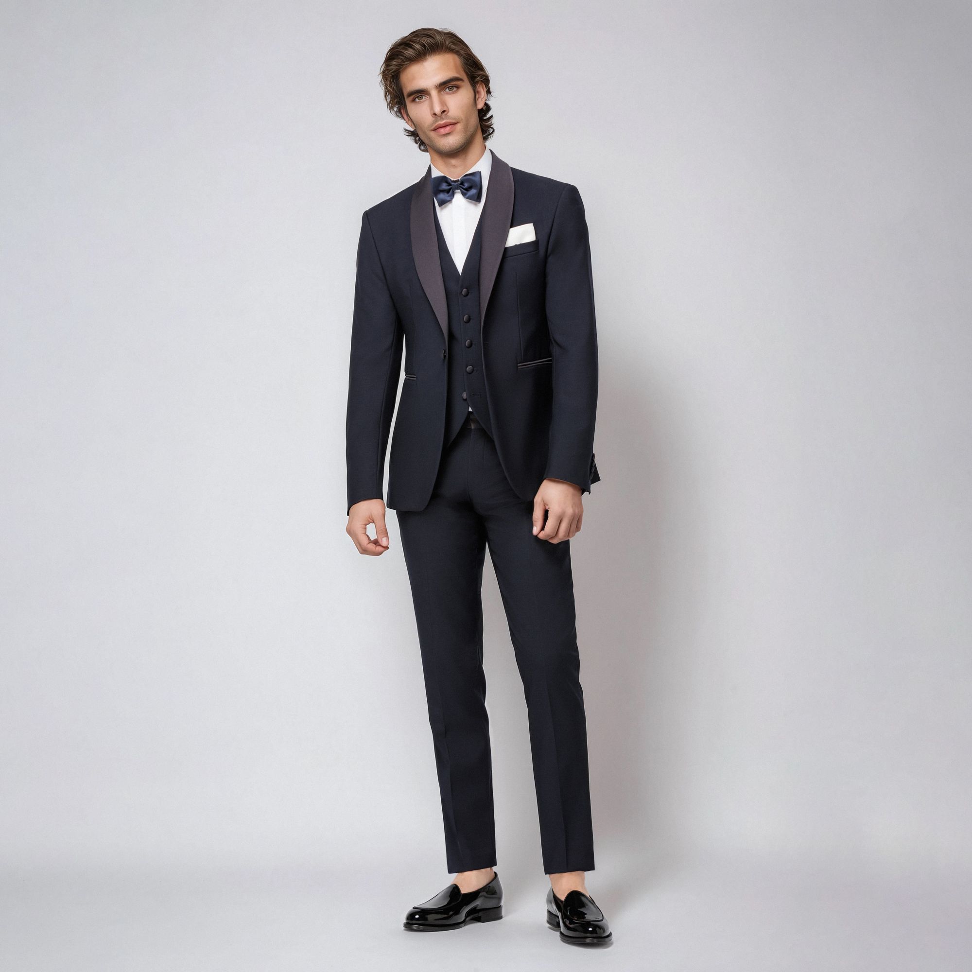 Elio Evan navy tuxedo with shawl satin lapel in barathea wool. Optional waistcoat. Made in Italy.