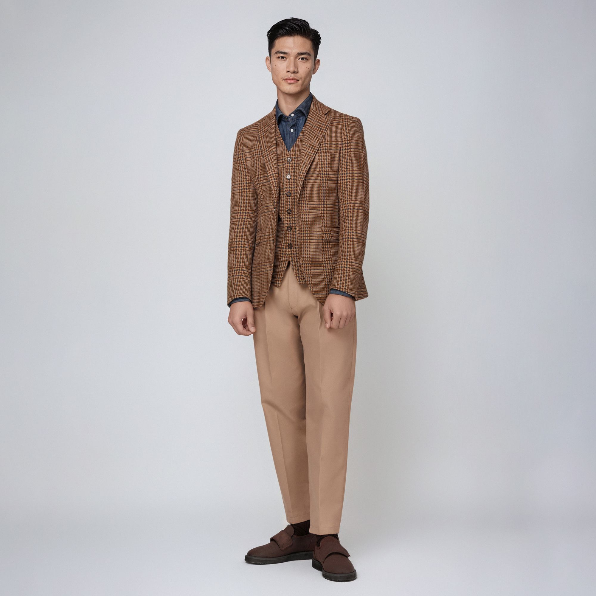 Man wearing an Elio Evan total look with a brown check blazer, matching vest, denim shirt and beige trousers
