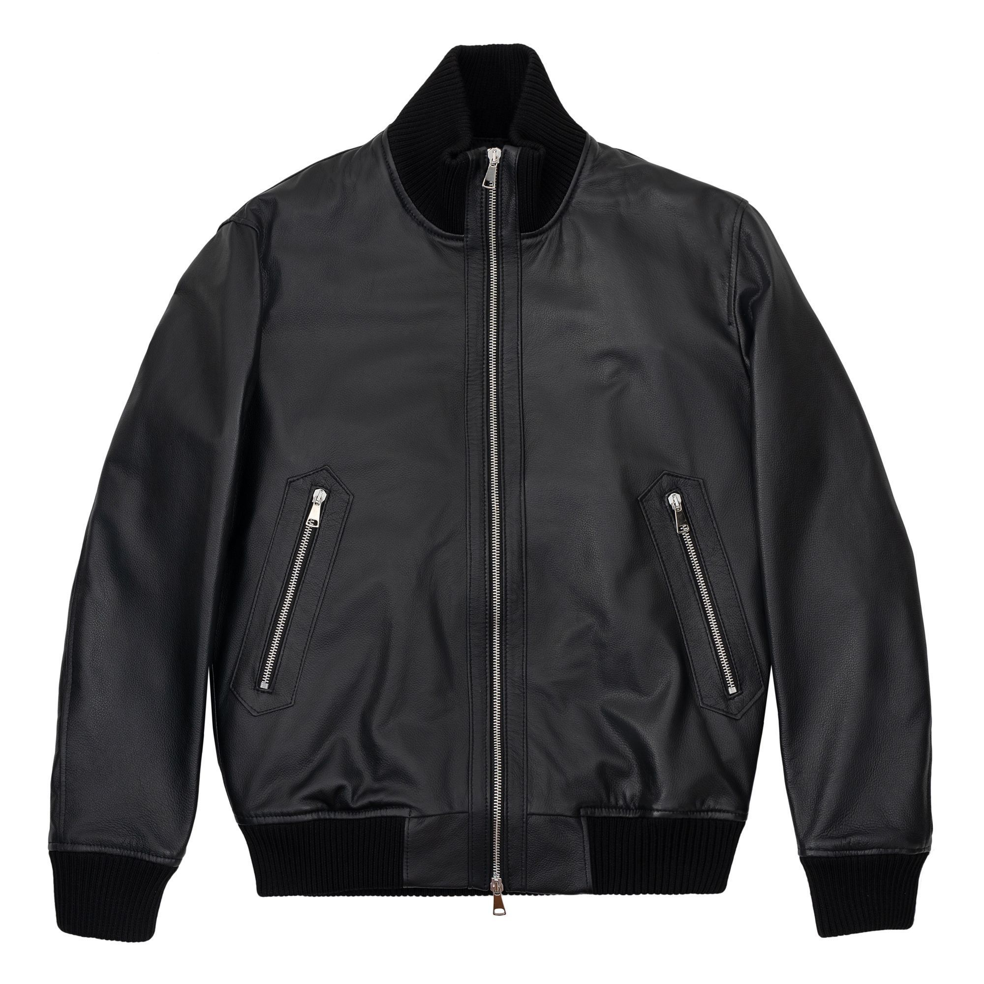 Elio Evan Ryan men’s black genuine leather bomber jacket with ribbed trims and zip closure.