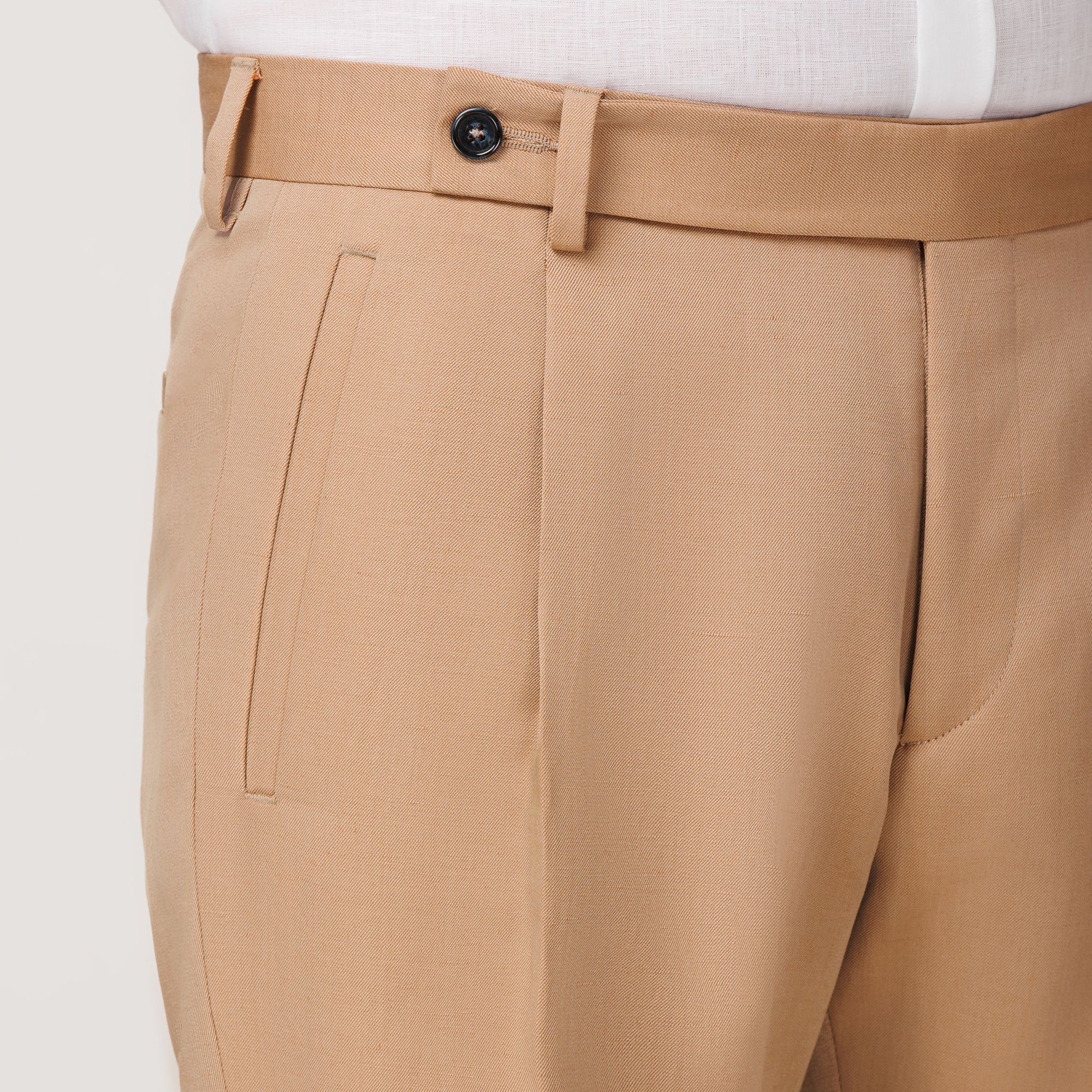 Men’s tan Solaro wool-blend trousers with pleat and tab closure – Elio Evan
