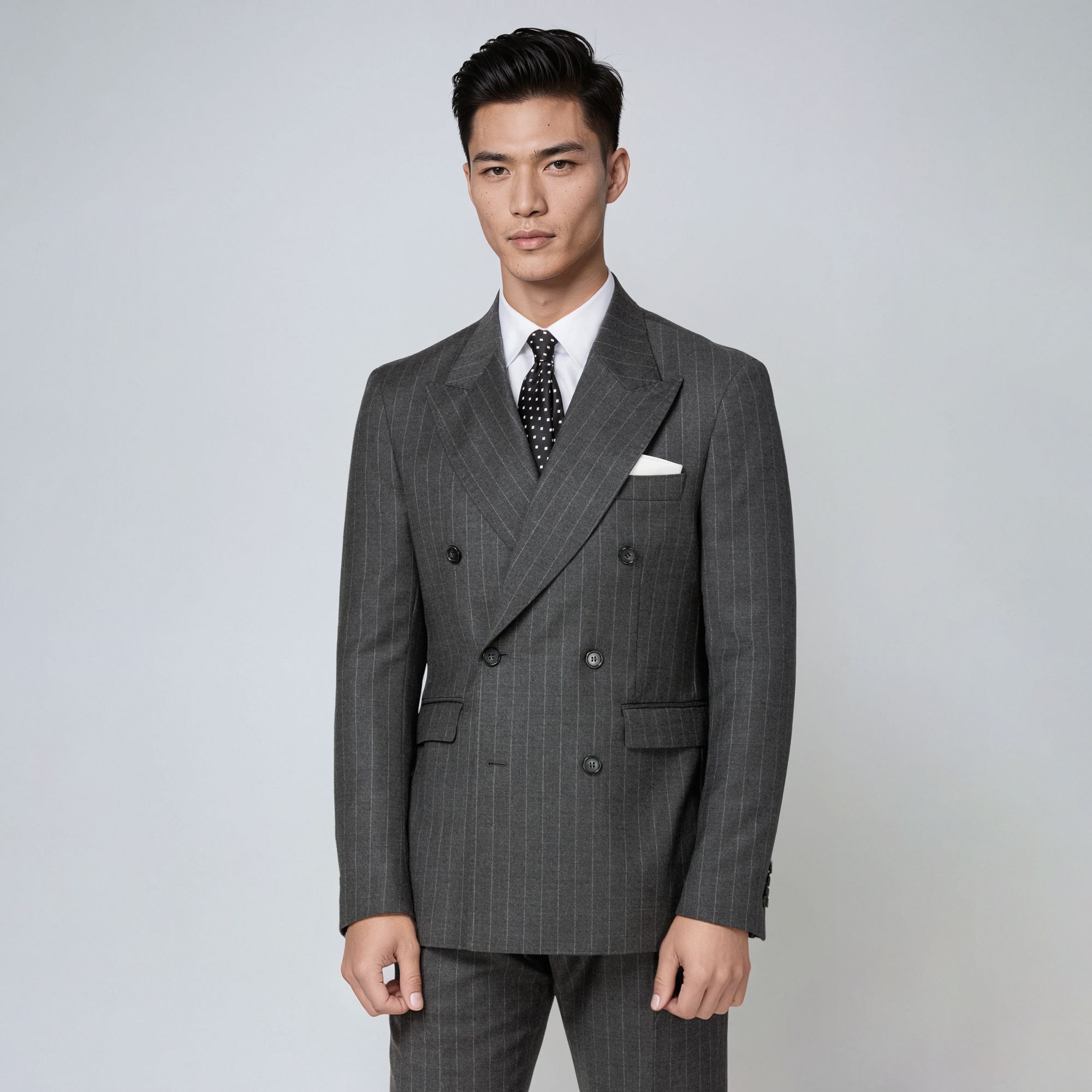 Total Look: Grey Pinstripe Double-Breasted Suit – Modern Sartorial Refinement