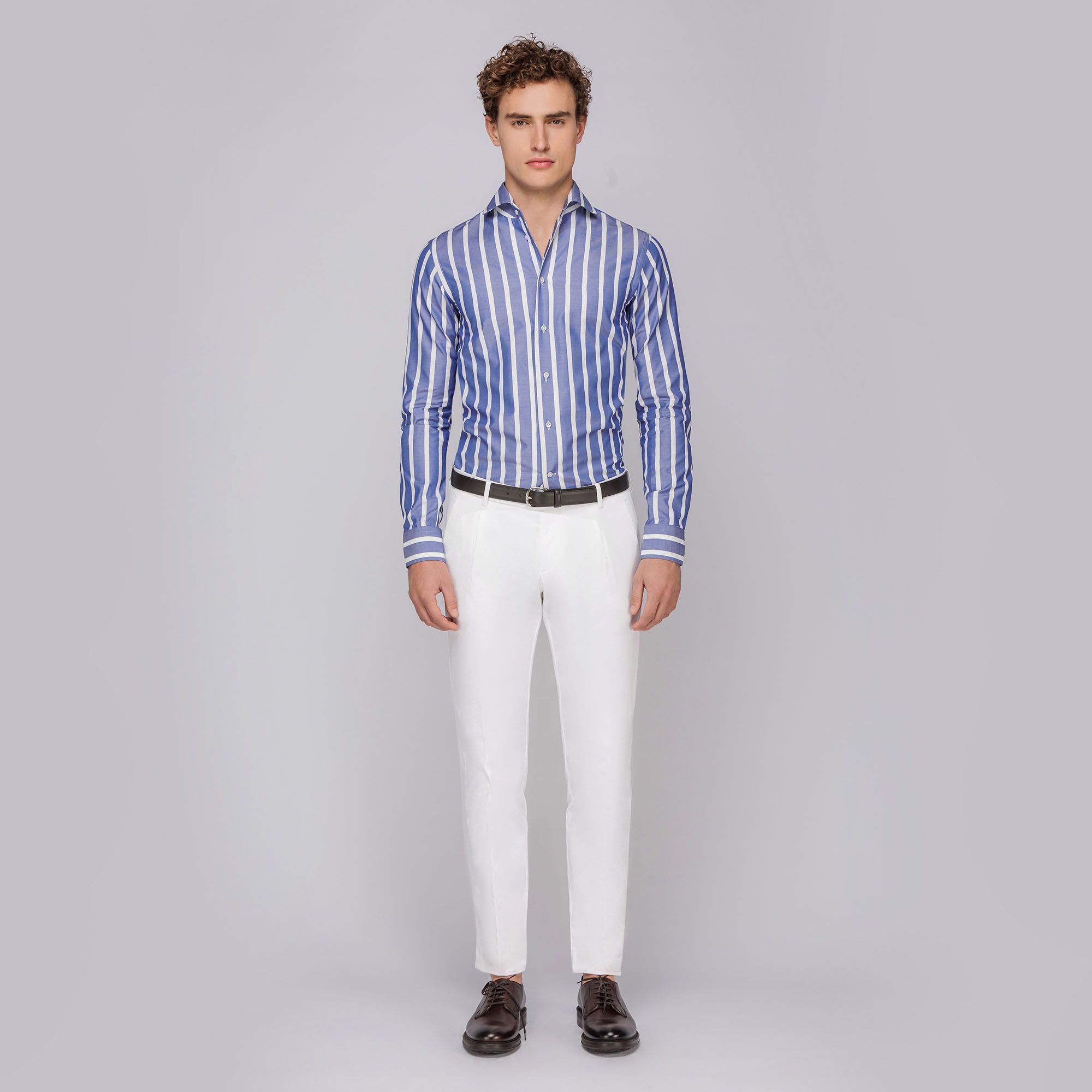 Men's bold striped royal blue cotton shirt